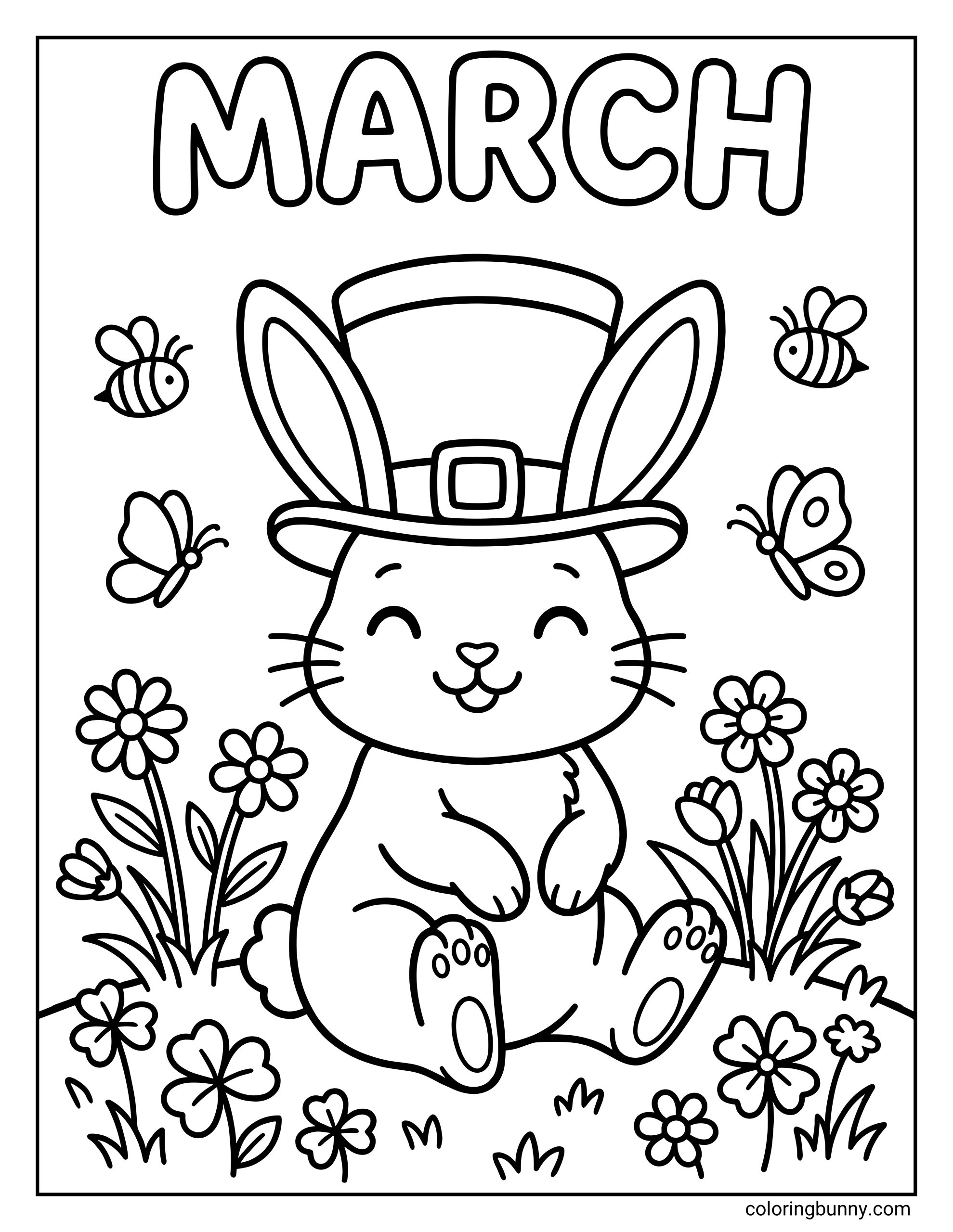 A cute March coloring page featuring a rabbit wearing a leprechaun hat sitting in a patch of clovers and flowers beneath the text "MARCH."