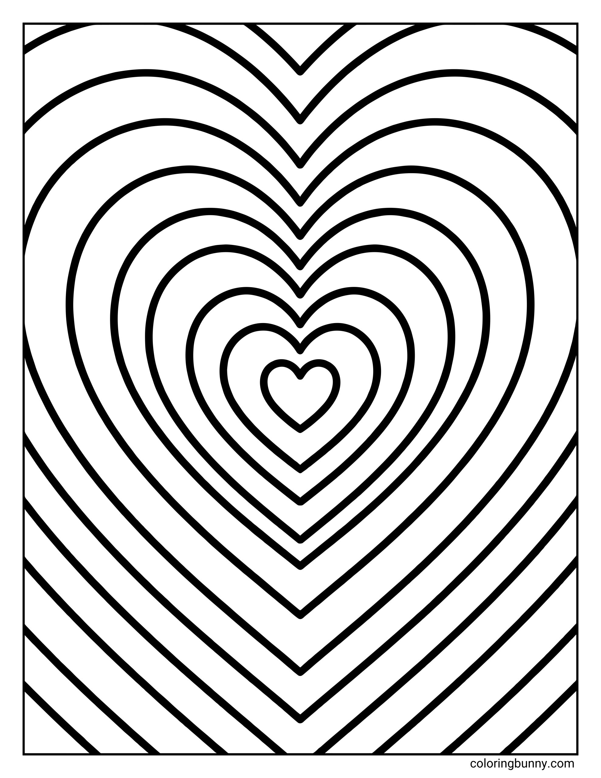 A heart coloring page featuring a small central heart with many larger concentric heart outlines radiating outward to the edges of the page.