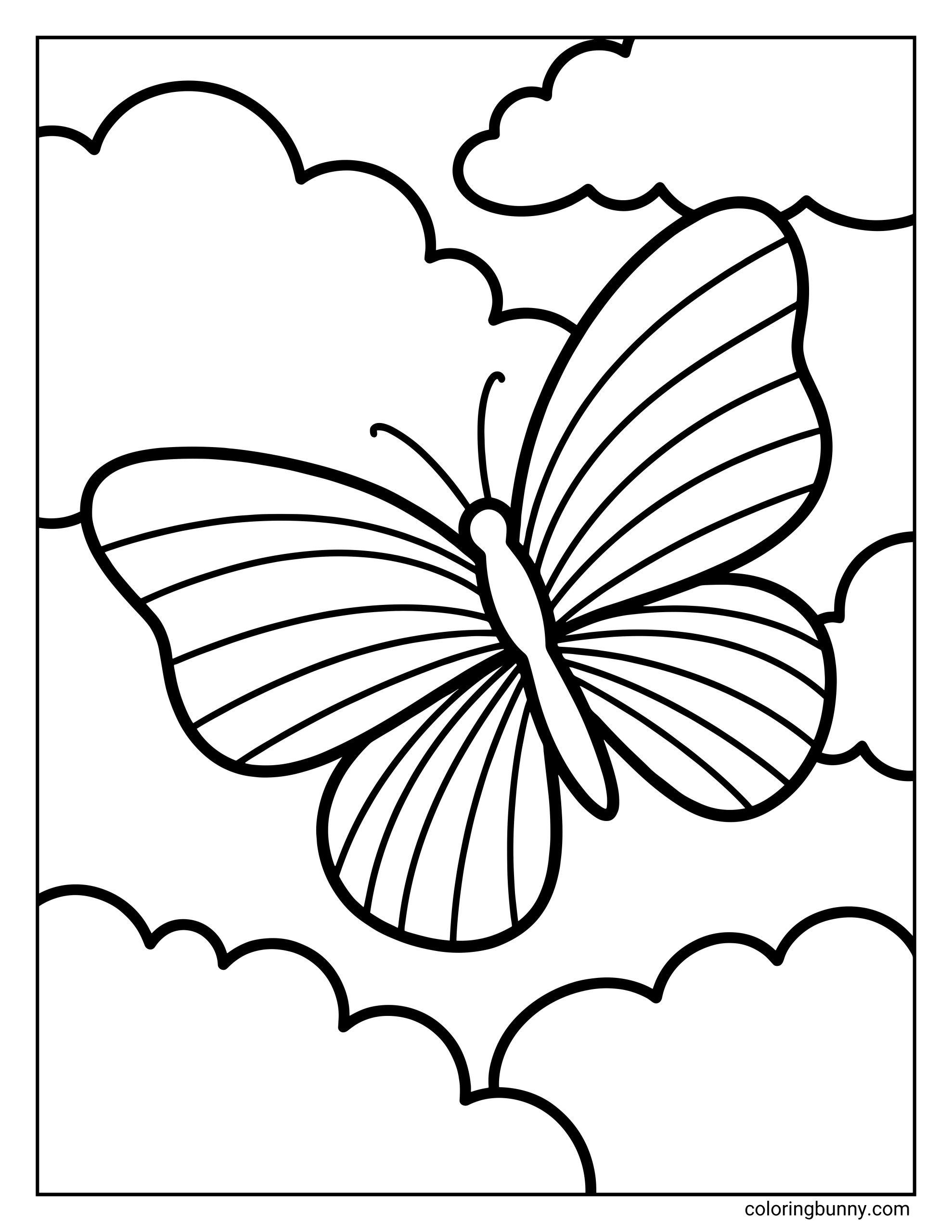A simple butterfly coloring page showing a large butterfly flying through the sky, surrounded by fluffy clouds. The butterfly’s wings are divided into smooth, curved sections that radiate outward from the body, making it perfect for rainbow coloring patterns or bold color blends. Clean, thick outlines and open spaces make this page ideal for kids and easy coloring sessions.