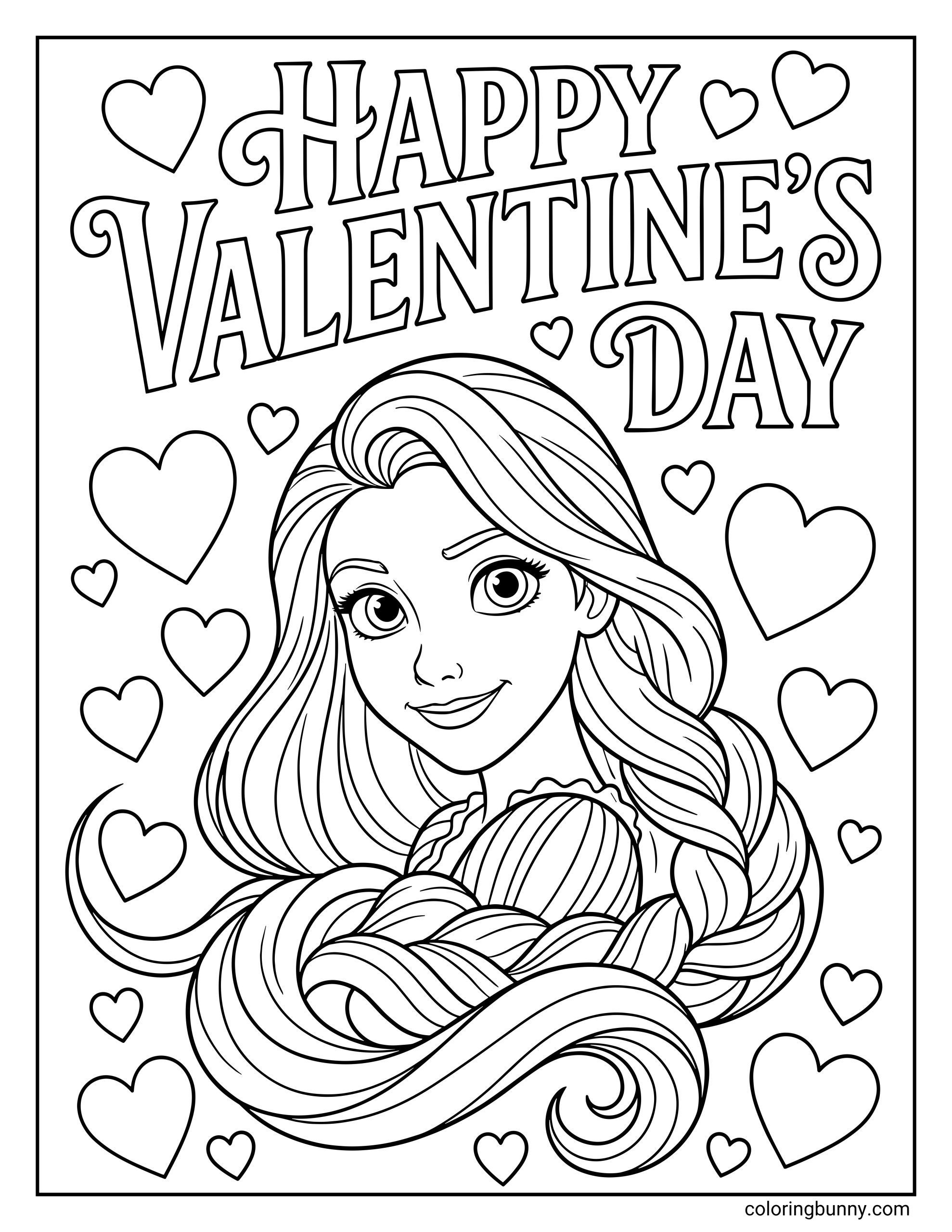 A black and white coloring page of Rapunzel with her long, flowing hair braided and coiled at the bottom, surrounded by many floating hearts beneath the curly text "HAPPY VALENTINE'S DAY."