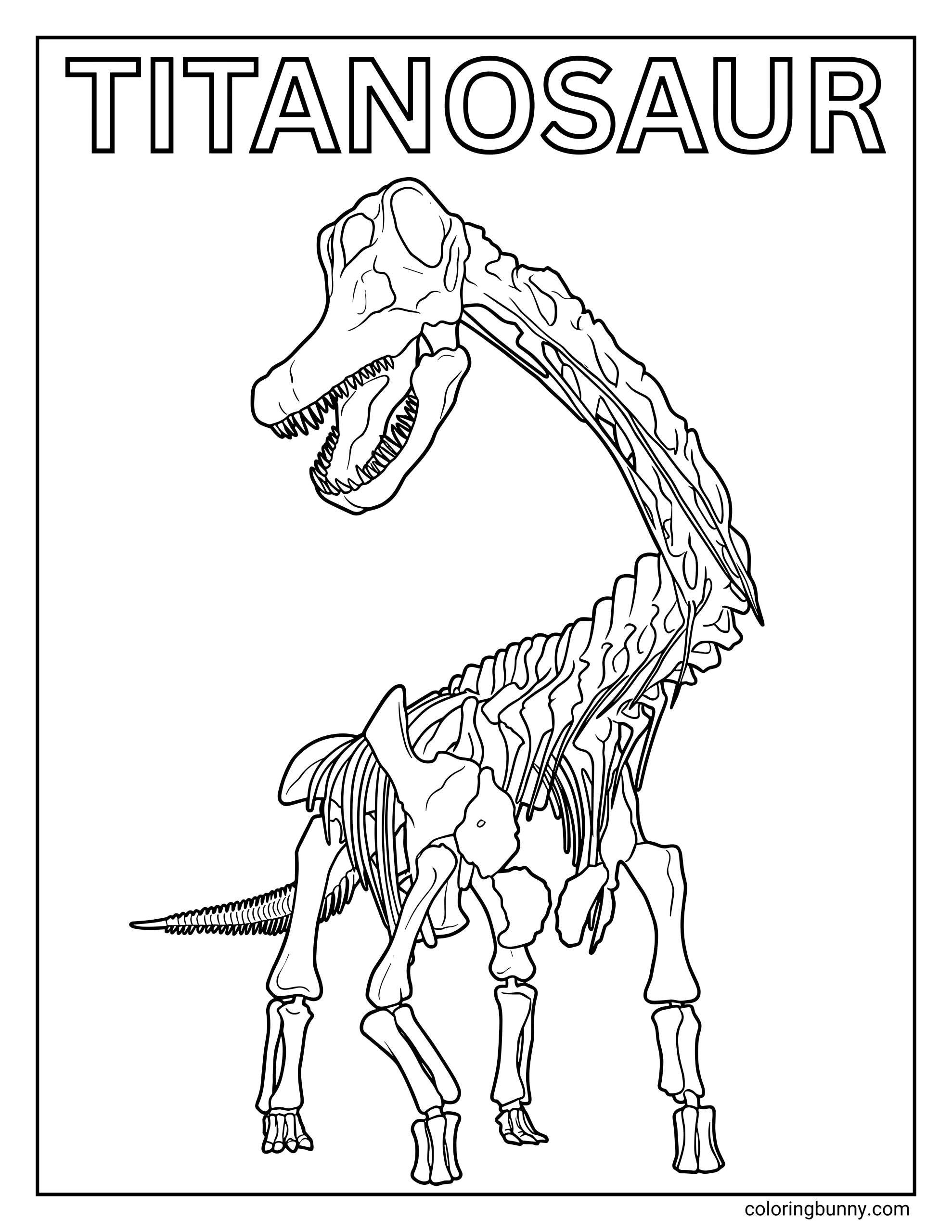 A realistic Titanosaur skeleton coloring page featuring a towering long-neck dinosaur with detailed bones and a bold “TITANOSAUR” title at the top.