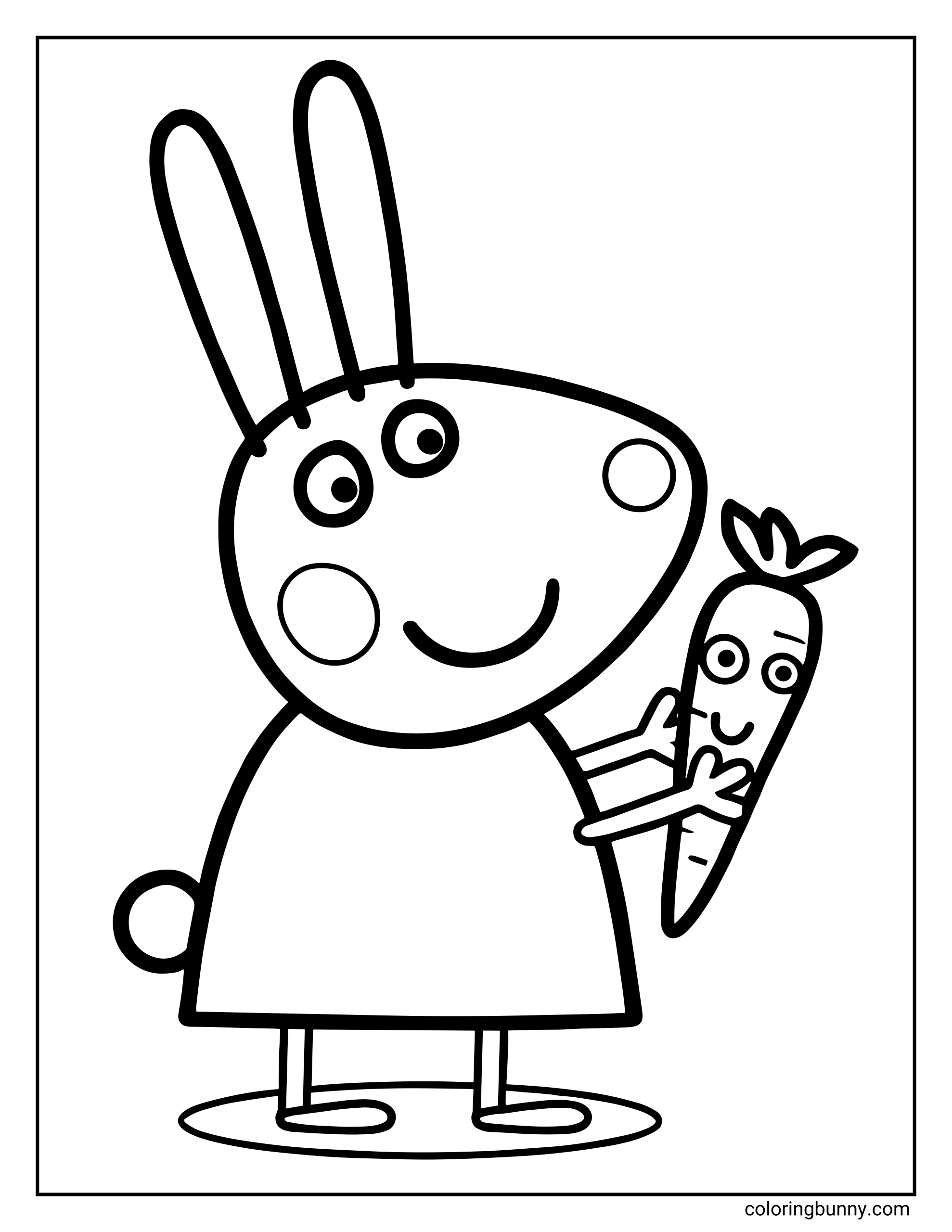 A Peppa Pig coloring page featuring Rebecca Rabbit standing and smiling while holding a carrot in both hands. Rebecca Rabbit has long upright ears, round eyes, a small smiling mouth, circular cheek marks, and a simple dress. The carrot she is holding has a leafy top and a friendly face drawn on it. Rebecca is standing on a small oval ground shape, with her feet visible beneath the dress.