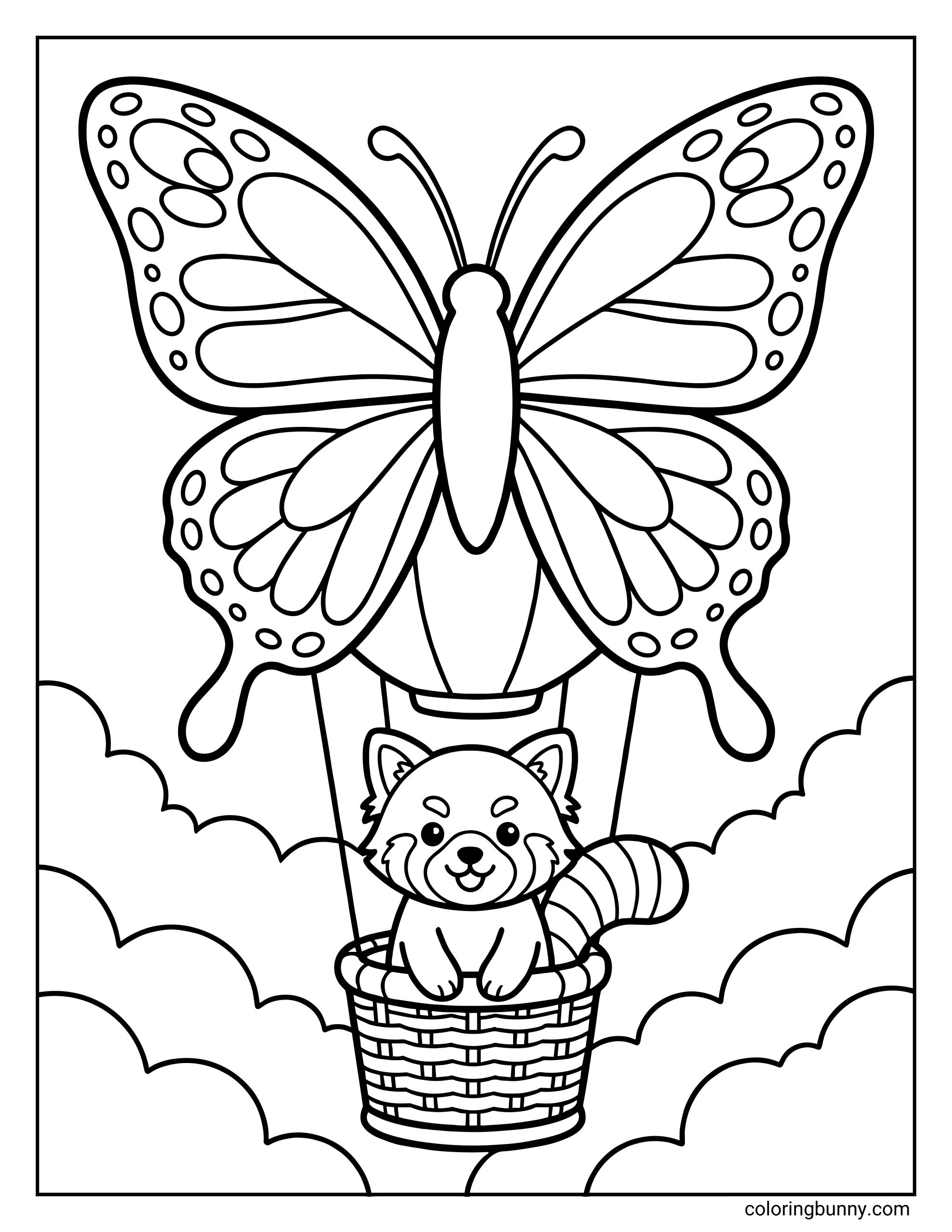 A cute butterfly coloring page of a large, patterned butterfly forming a hot air balloon, gently floating through the clouds with a cute red panda bear sitting in a woven basket below. The butterfly’s wings are detailed with smooth shapes and spots, creating a whimsical, fantasy-style scene.