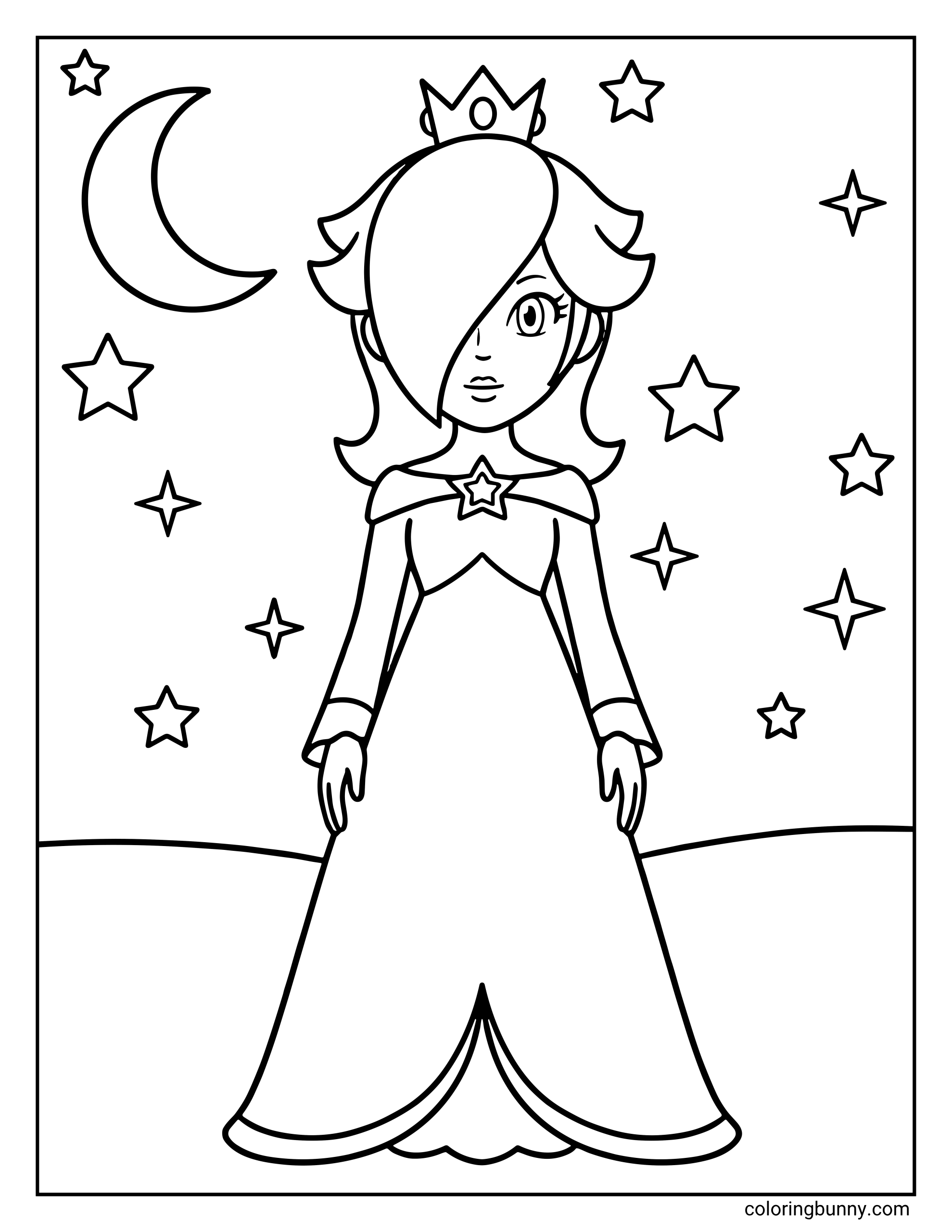 A coloring page of Rosalina from Mario standing gracefully beneath a star-filled night sky, with a large crescent moon above a gently curved horizon in the background.
