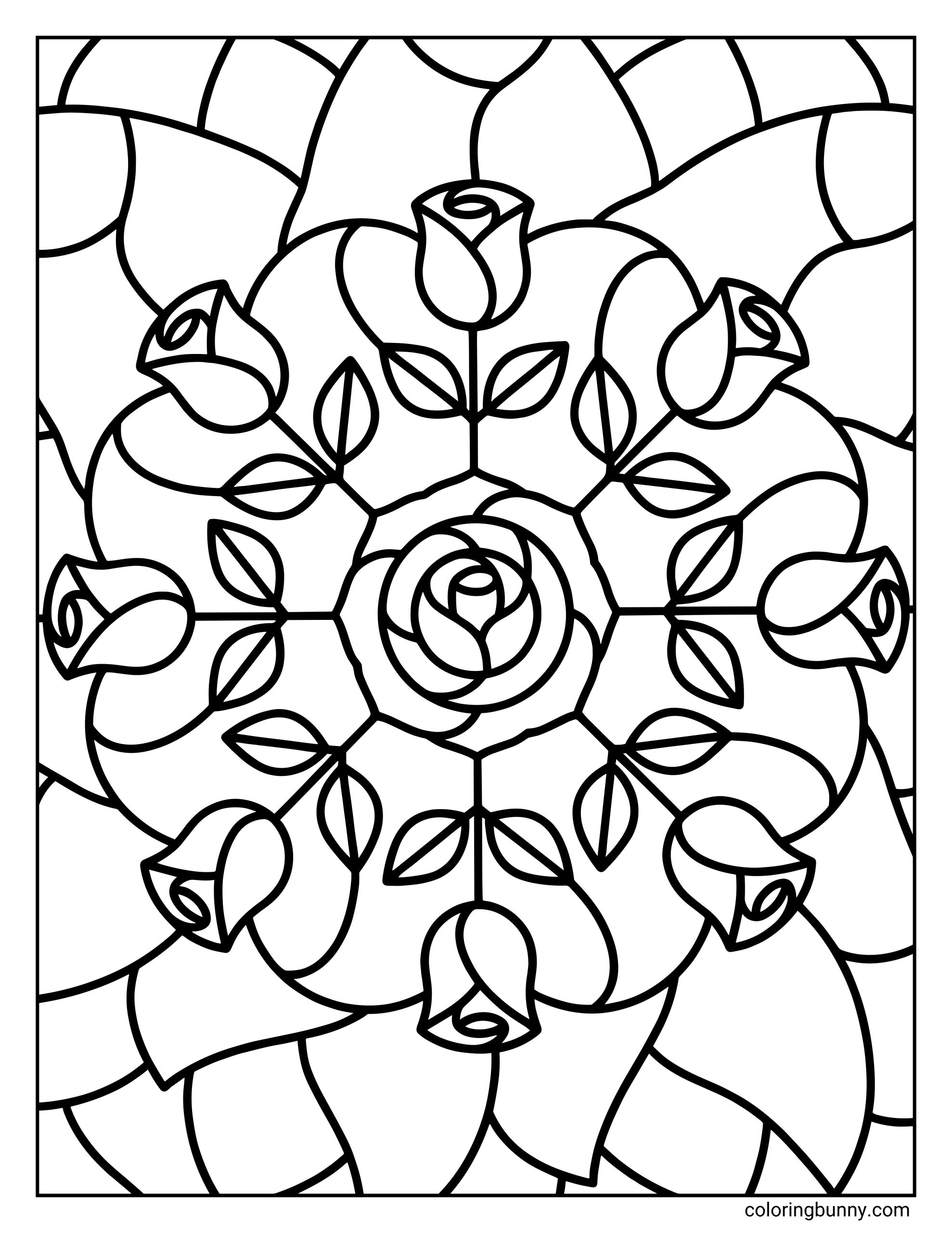 A rose flower mandala coloring page featuring a symmetrical circular design with roses, rosebuds, leaves, and layered petals arranged in a detailed mandala pattern with bold, clean outlines.