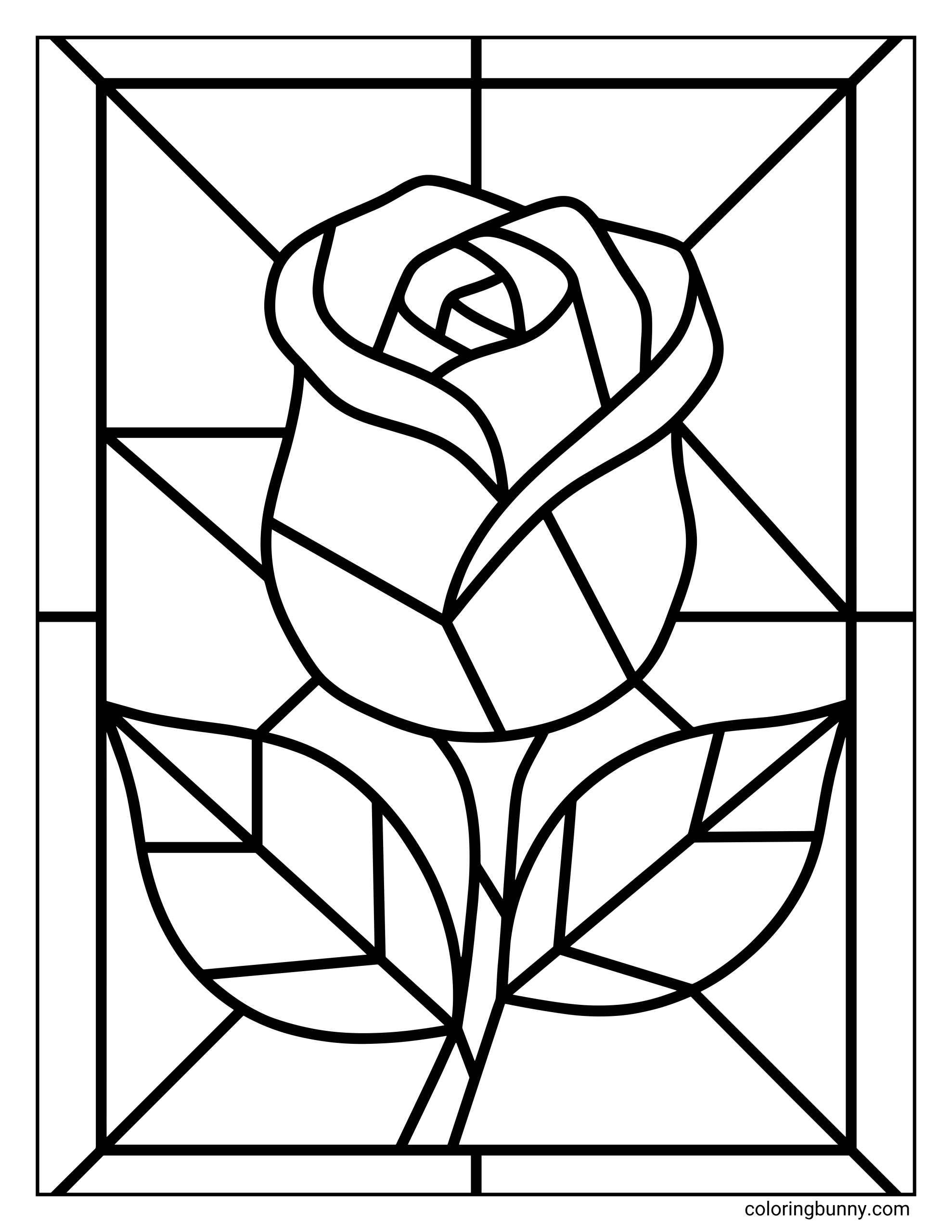 A stained glass rose flower coloring page featuring a single rose with leaves divided into geometric panels, framed like a stained glass window with bold outlines and clean sections for coloring.