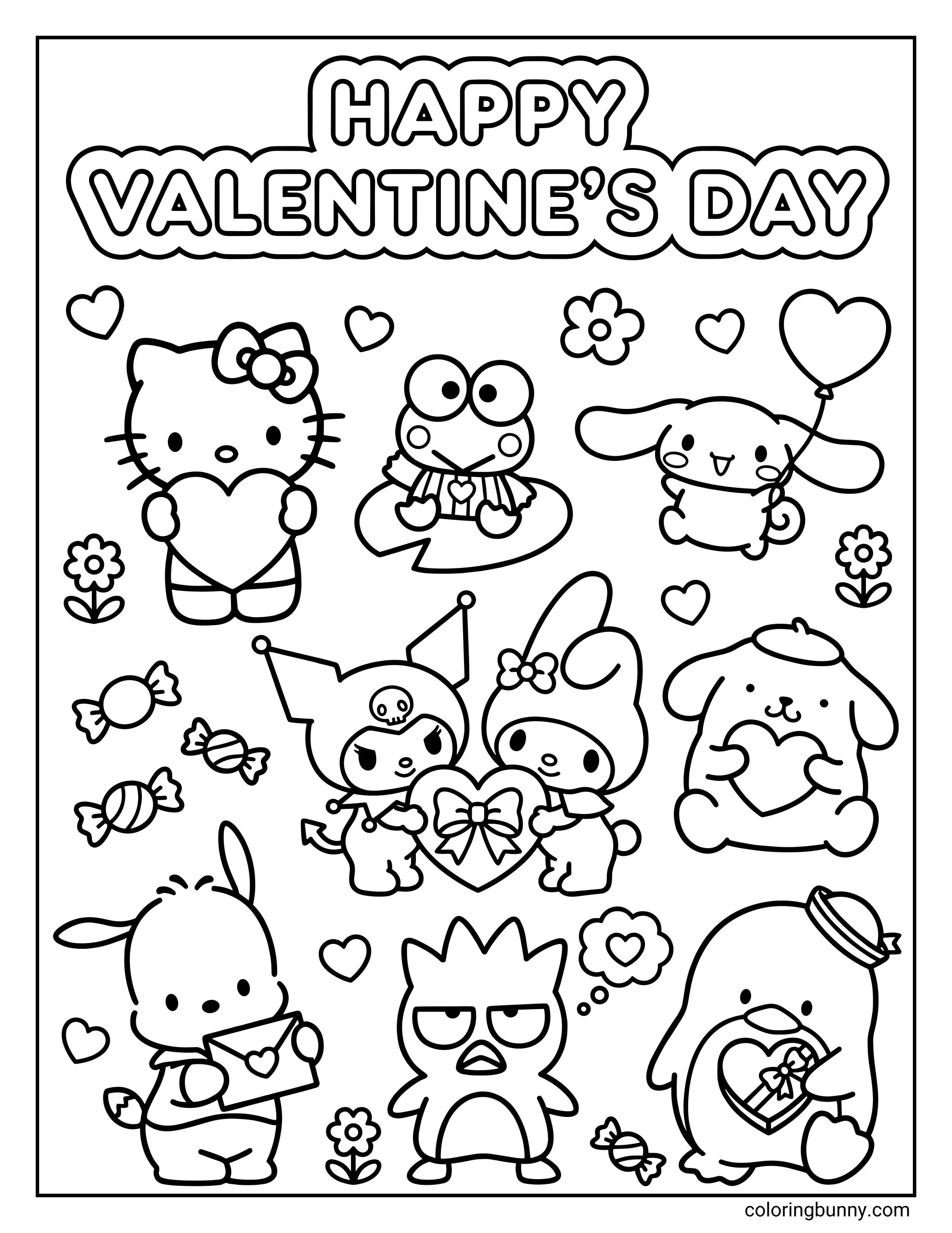 A kids coloring page of the whole Sanrio gang including Hello Kitty, Cinnamoroll, and Pompompurin gathering together to celebrate Valentine's Day with adorable presents.
