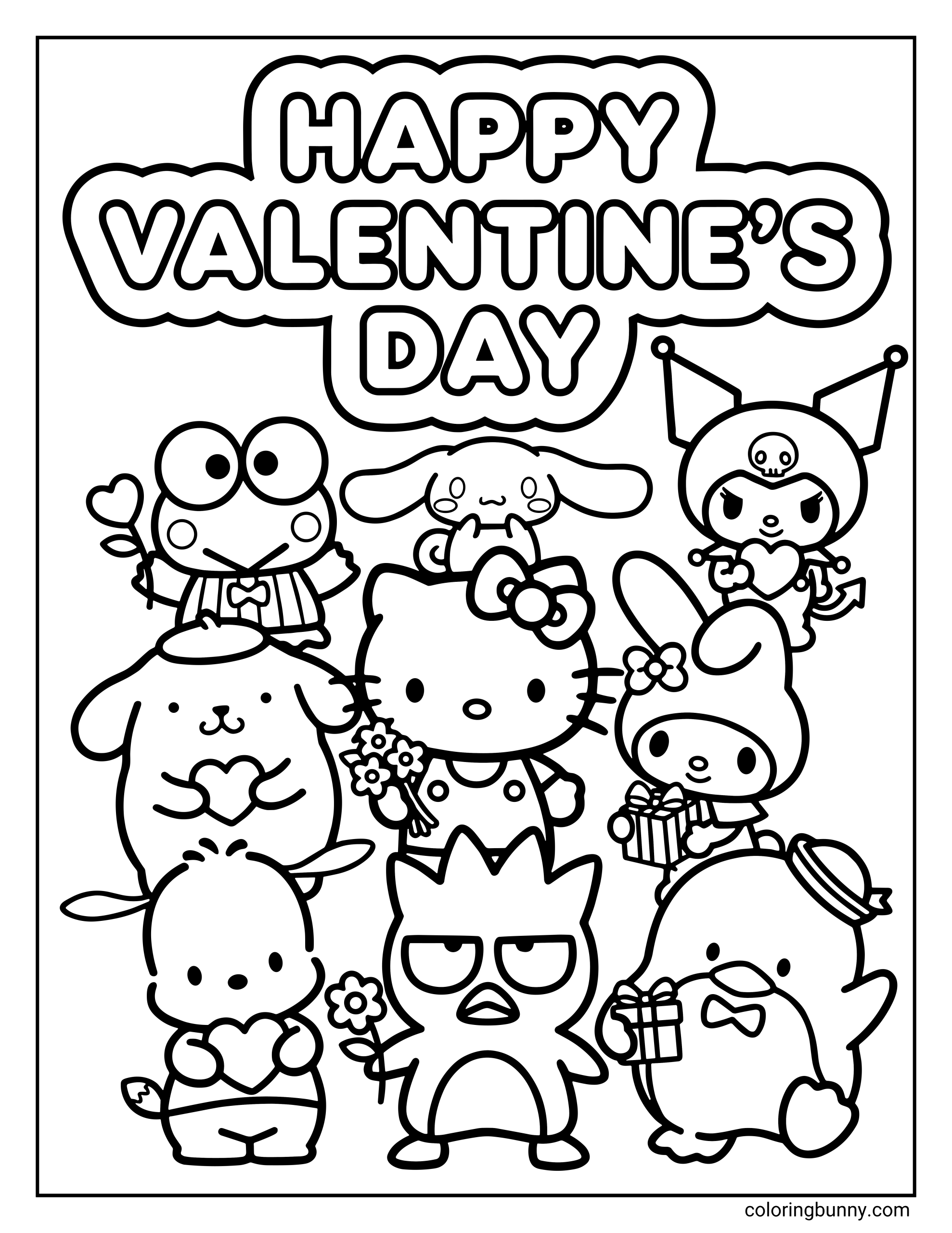 A kids coloring page of many Sanrio characters, including Hello Kitty and friends, holding gifts and hearts for a happy Valentine's Day celebration.