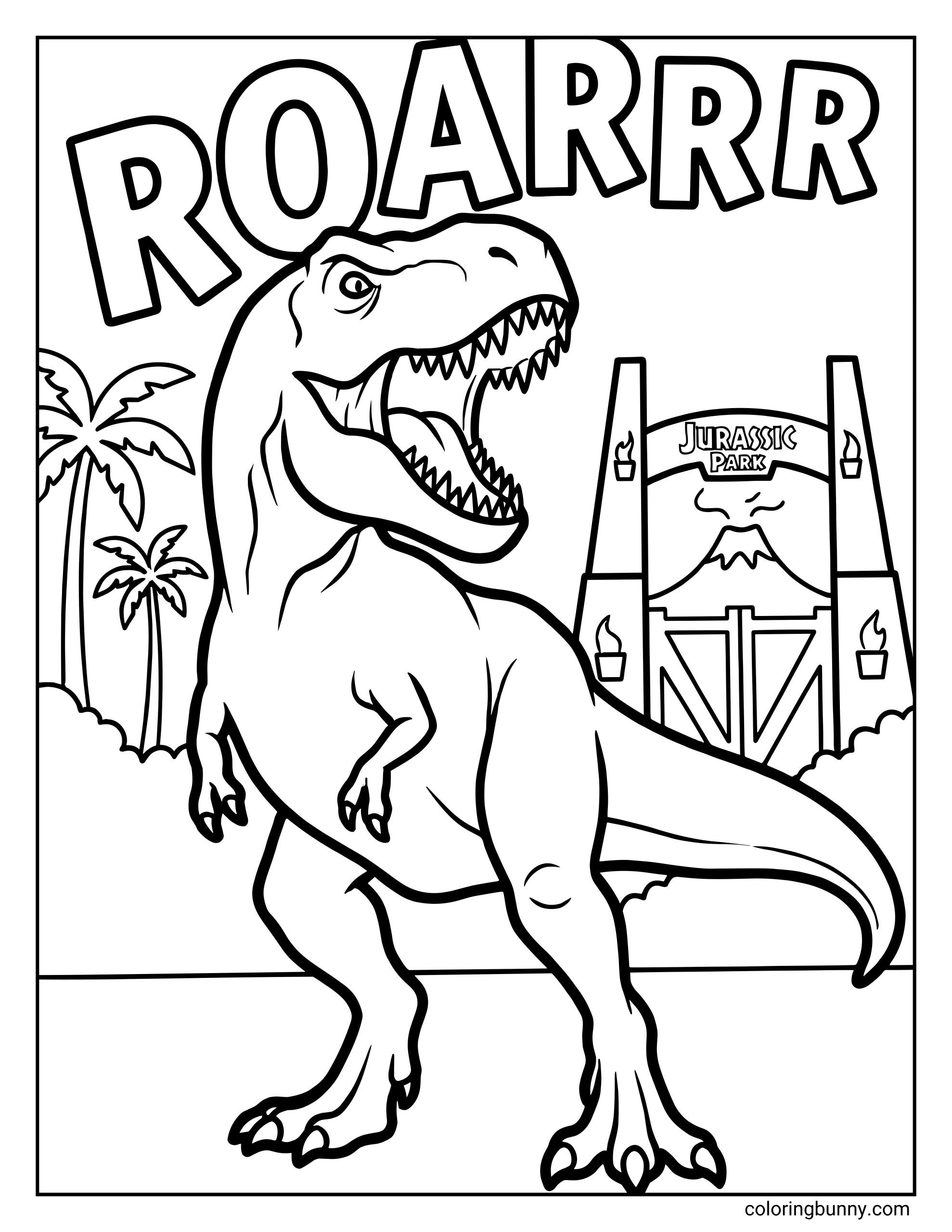 A bold dinosaur coloring page showing a roaring Tyrannosaurus rex standing in front of the Jurassic Park gates, with palm trees, torches, and large “ROARRR” text above, drawn in thick outlines for easy coloring.
