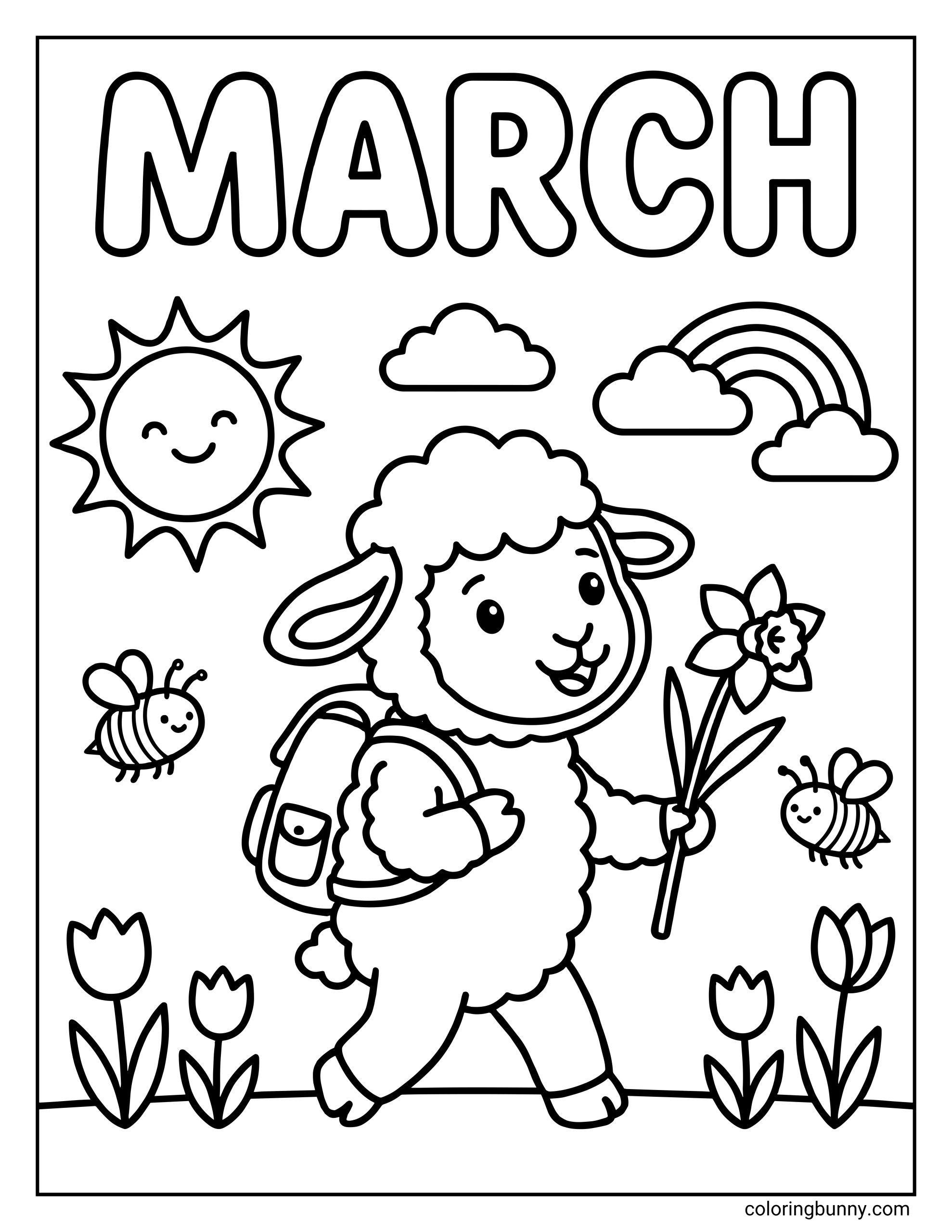A March coloring page featuring a sheep wearing a backpack and holding a flower, walking past bees and tulips under a rainbow and the word "MARCH."