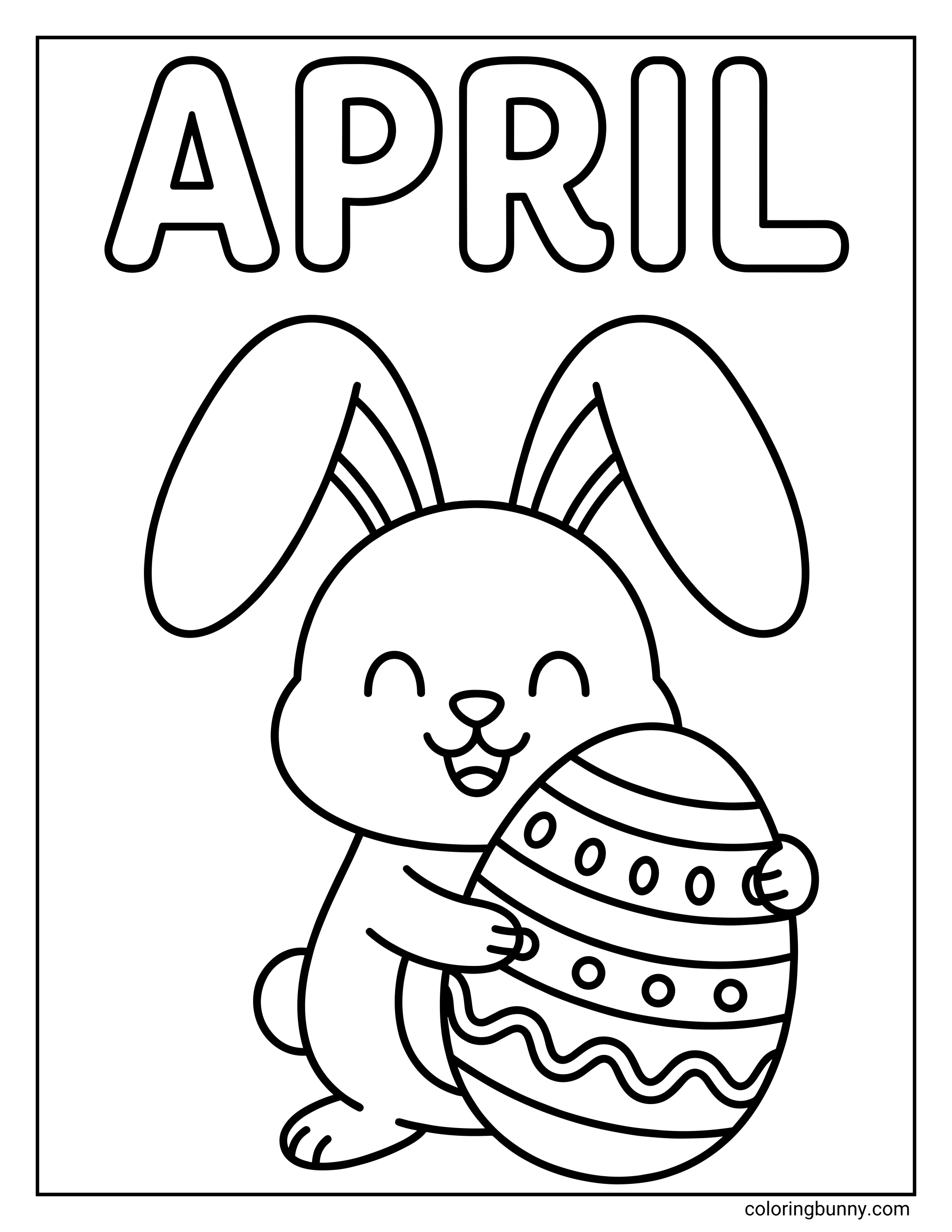 An April coloring page featuring a smiling bunny rabbit standing and holding a large, patterned Easter egg beneath the word "APRIL" in bubble letters.
