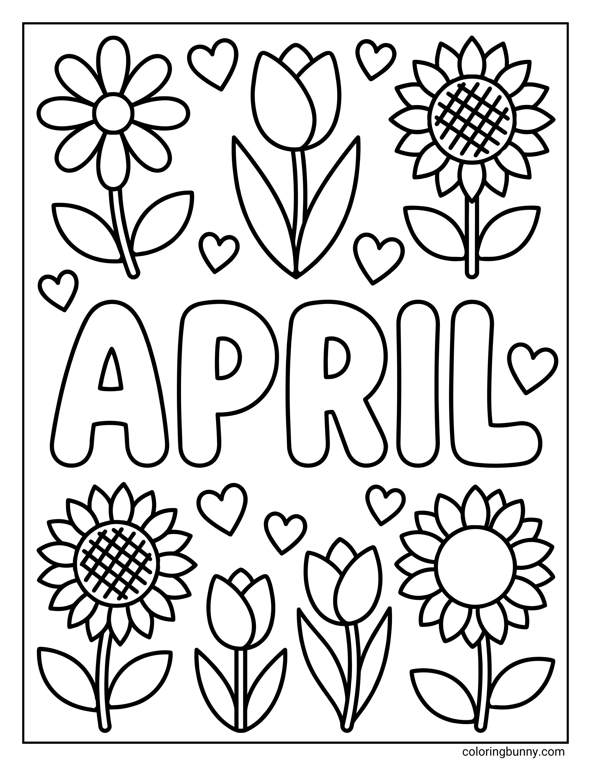 A symmetrical coloring page featuring the text "APRIL" surrounded by rows of sunflowers, tulips, and small floating hearts.