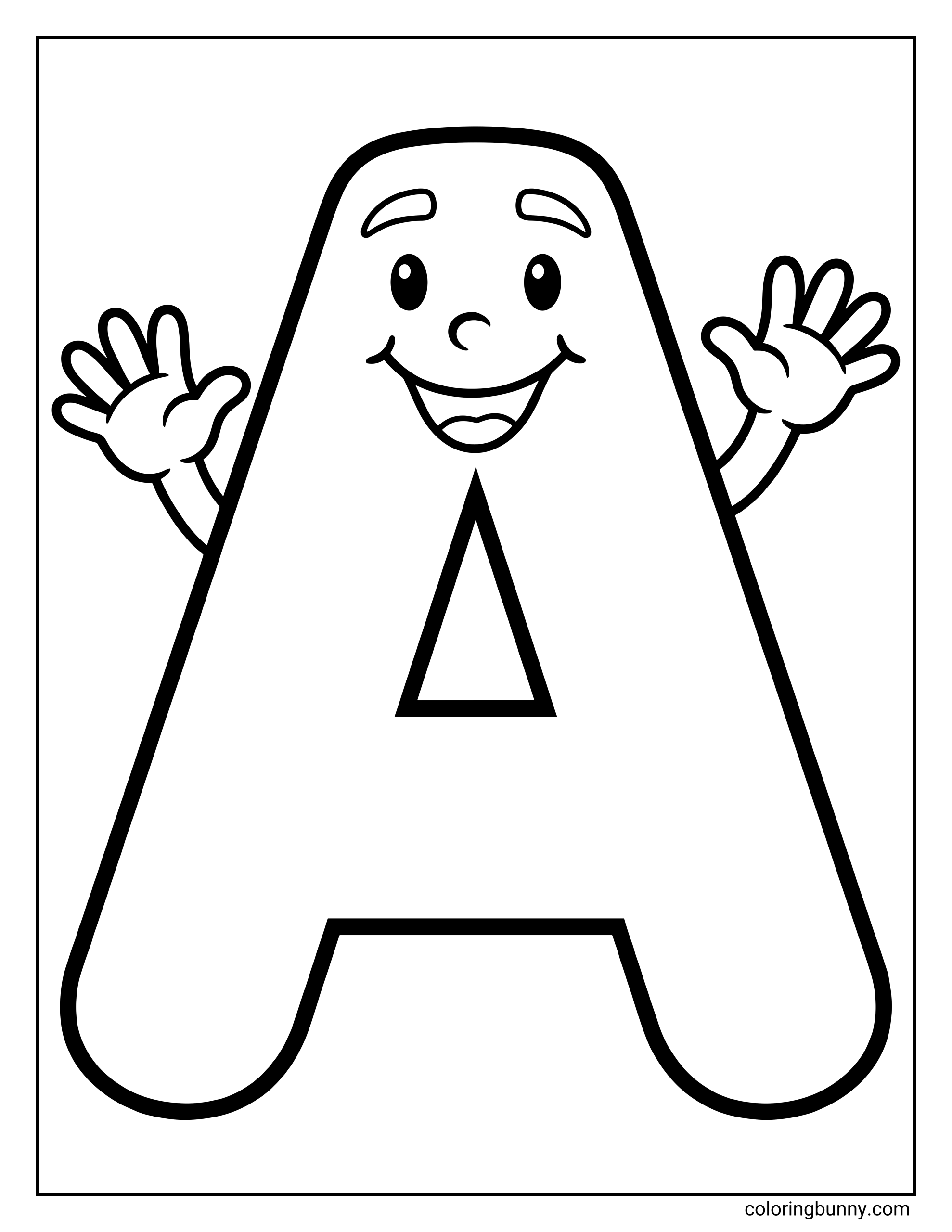 Large letter A coloring page featuring a friendly cartoon-style uppercase letter A with a smiling face and waving hands. The page uses bold outlines and a simple design for easy coloring.