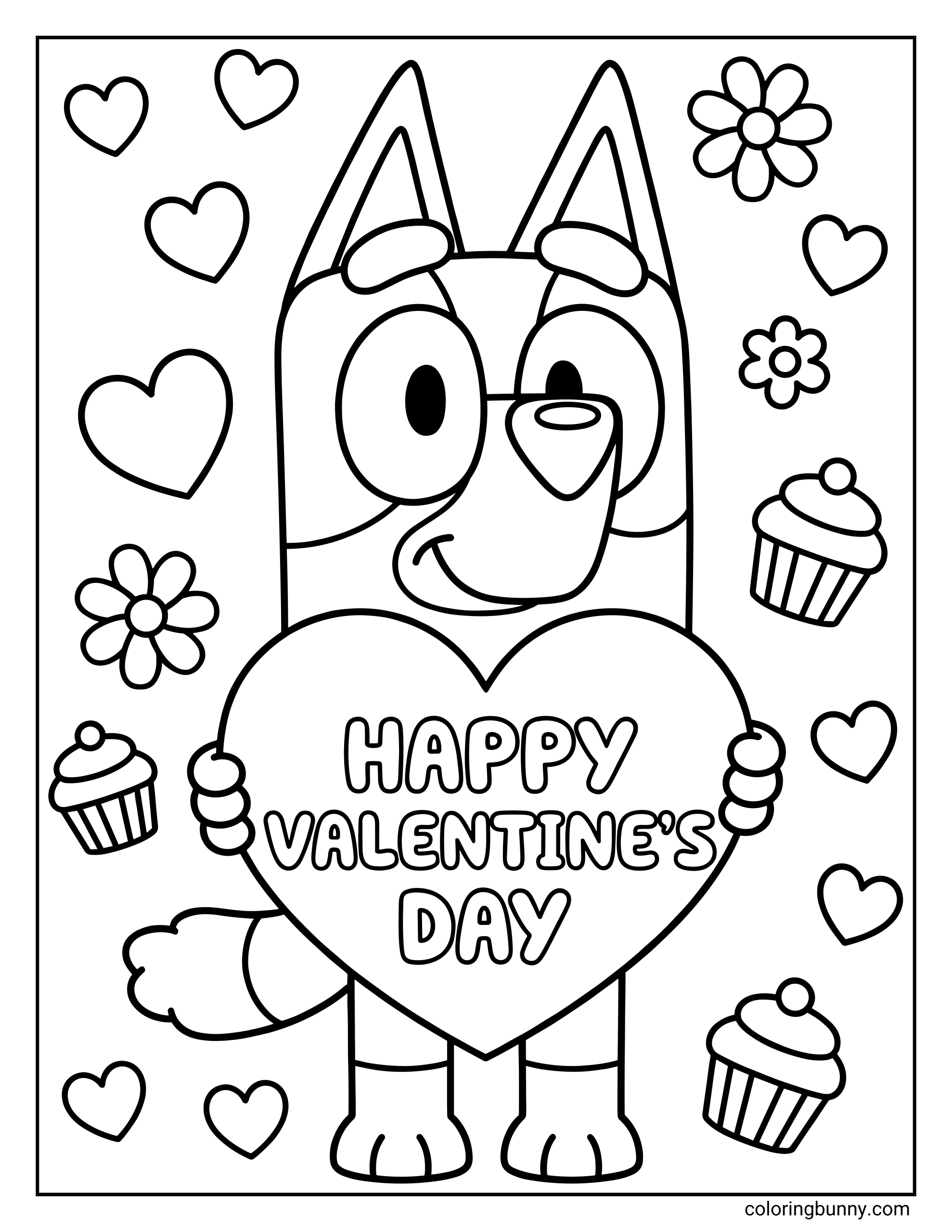 A simple coloring page of Bluey holding a large heart that says Happy Valentine’s Day, surrounded by hearts, cupcakes, and flowers.
