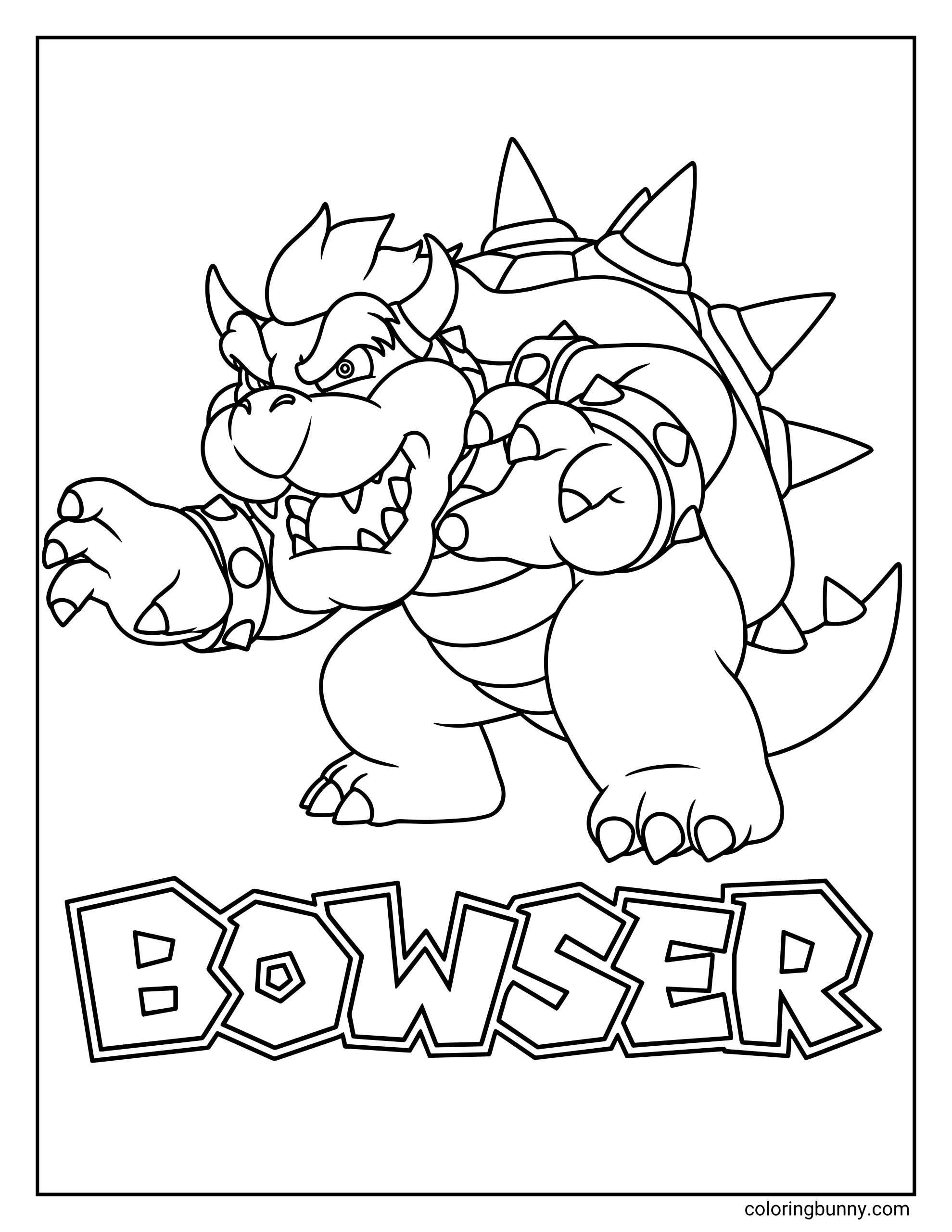 A coloring page featuring the mighty Bowser from the Mario series in a powerful stance, showcasing his spiked shell and sharp claws. His name is written in large, bold block letters at the bottom, making him the star of this formidable scene.