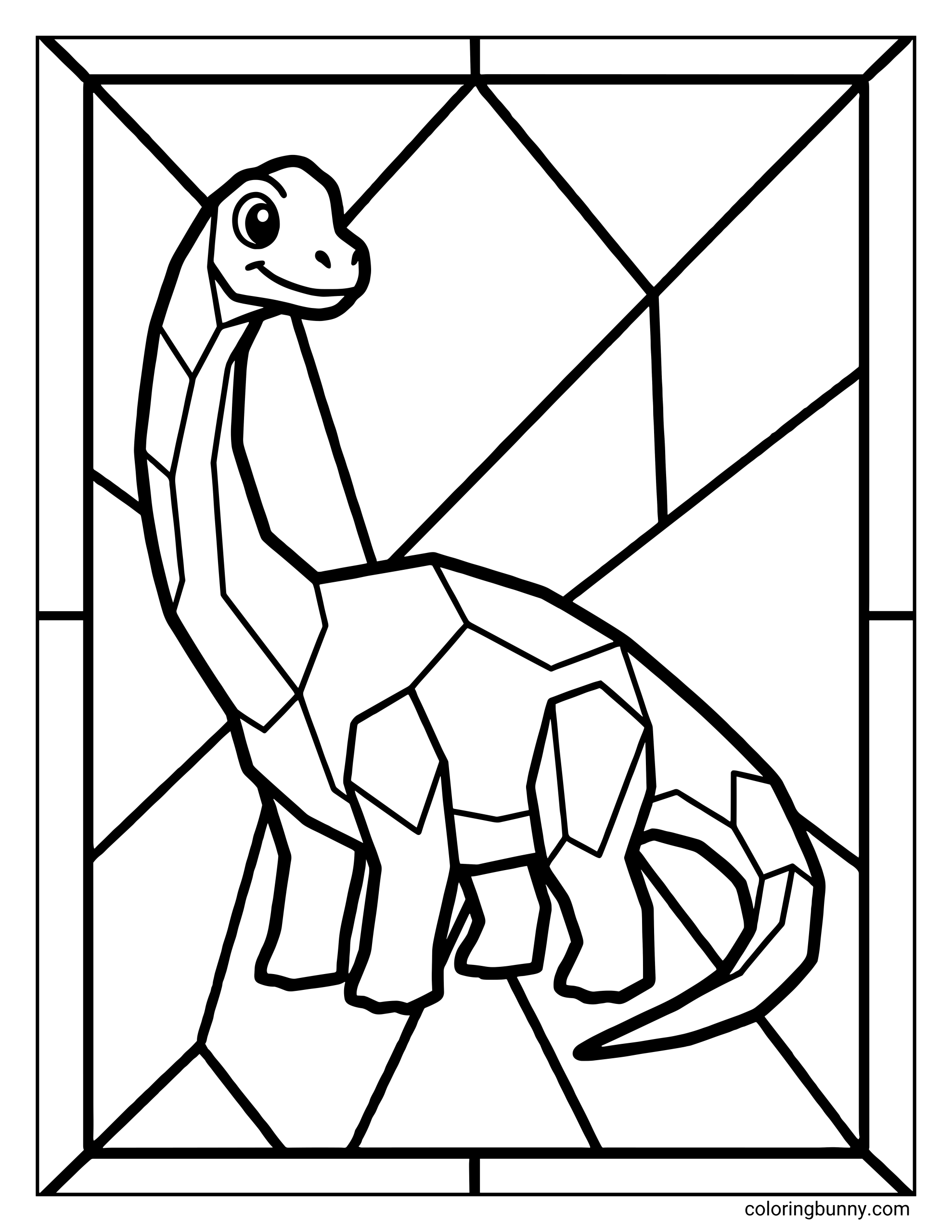 A simple Brachiosaurus dinosaur stained glass coloring page showing a friendly Brachiosaurus with a long neck, smiling face, and large geometric panels inside a bold stained-glass frame.