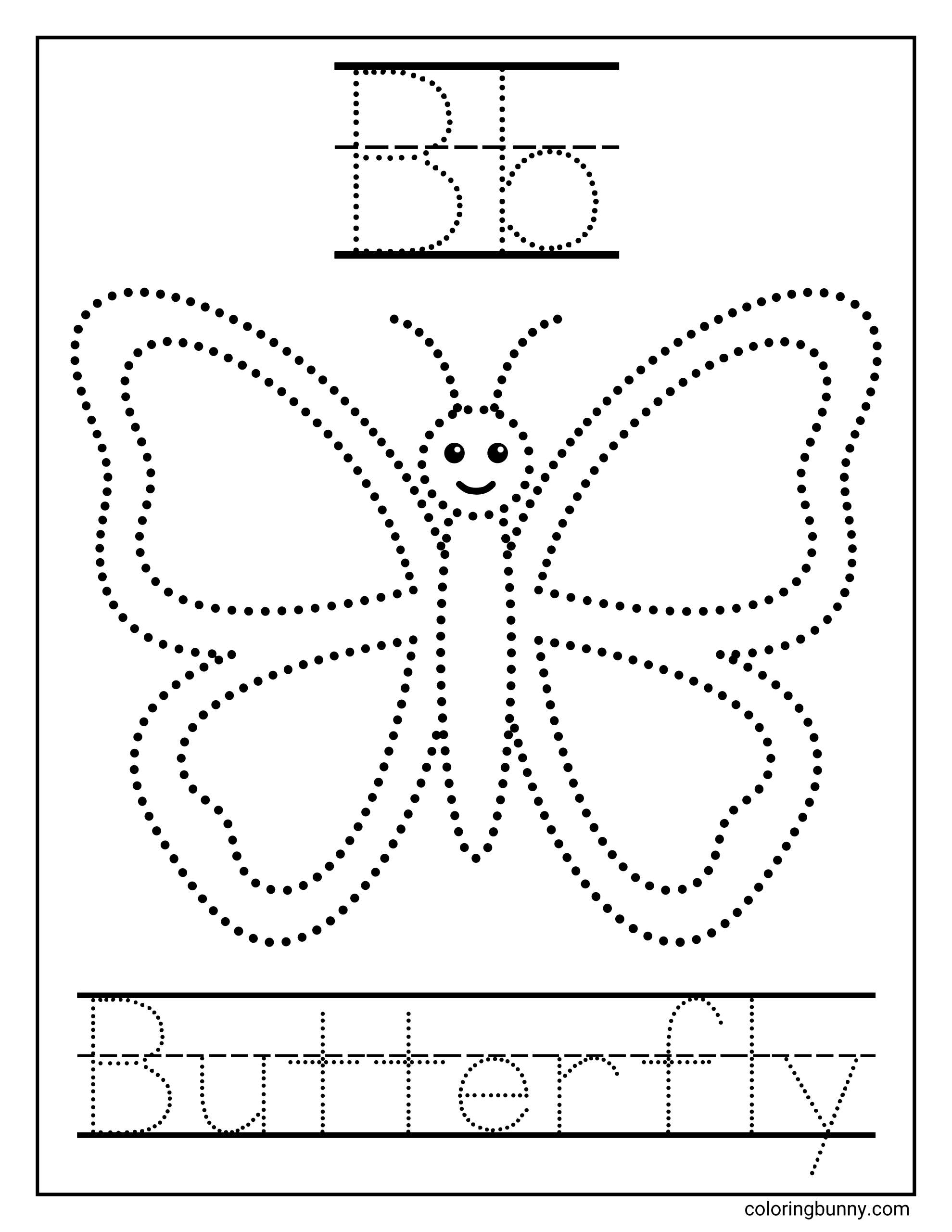 A simple butterfly letter tracing coloring page worksheet featuring a large dotted-outline butterfly with a smiling face and symmetrical wings designed for tracing. Above the butterfly, the uppercase and lowercase letter “Bb” appear in dotted handwriting lines, and below the image is the word “Butterfly” written in dotted letters for tracing practice.