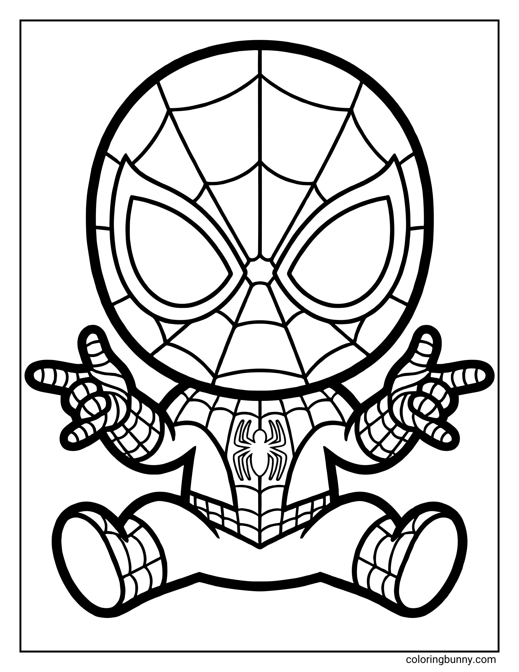 A coloring page of a small, cute chibi-style Spider-Man sitting down while shooting webs simultaneously from both of his hands.