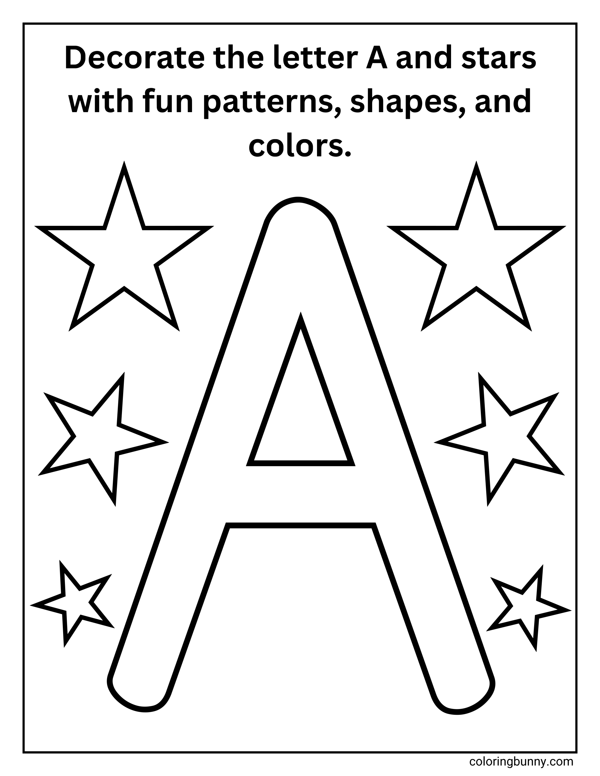 Decorate the letter A coloring page featuring a large uppercase letter A in the center, surrounded by star shapes. The page includes a prompt at the top inviting children to decorate the letter and stars with patterns, shapes, and colors.