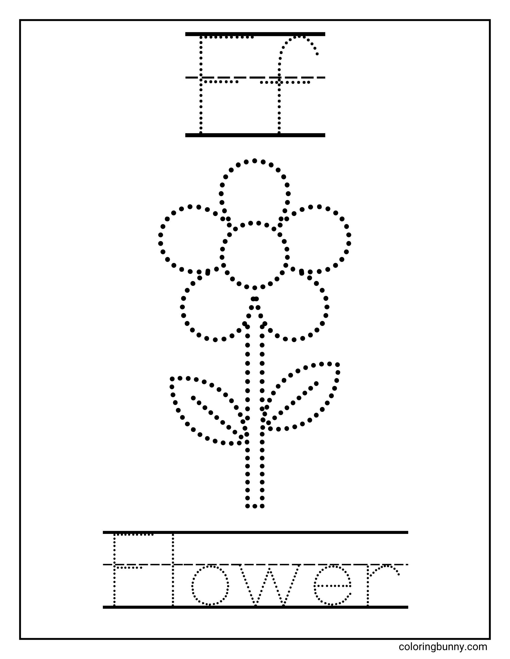 A flower tracing worksheet coloring page showing the uppercase and lowercase letter Ff, the word “Flower” in dotted tracing letters, handwriting baselines, and a simple flower illustration made from dotted outlines for kids to trace and color.