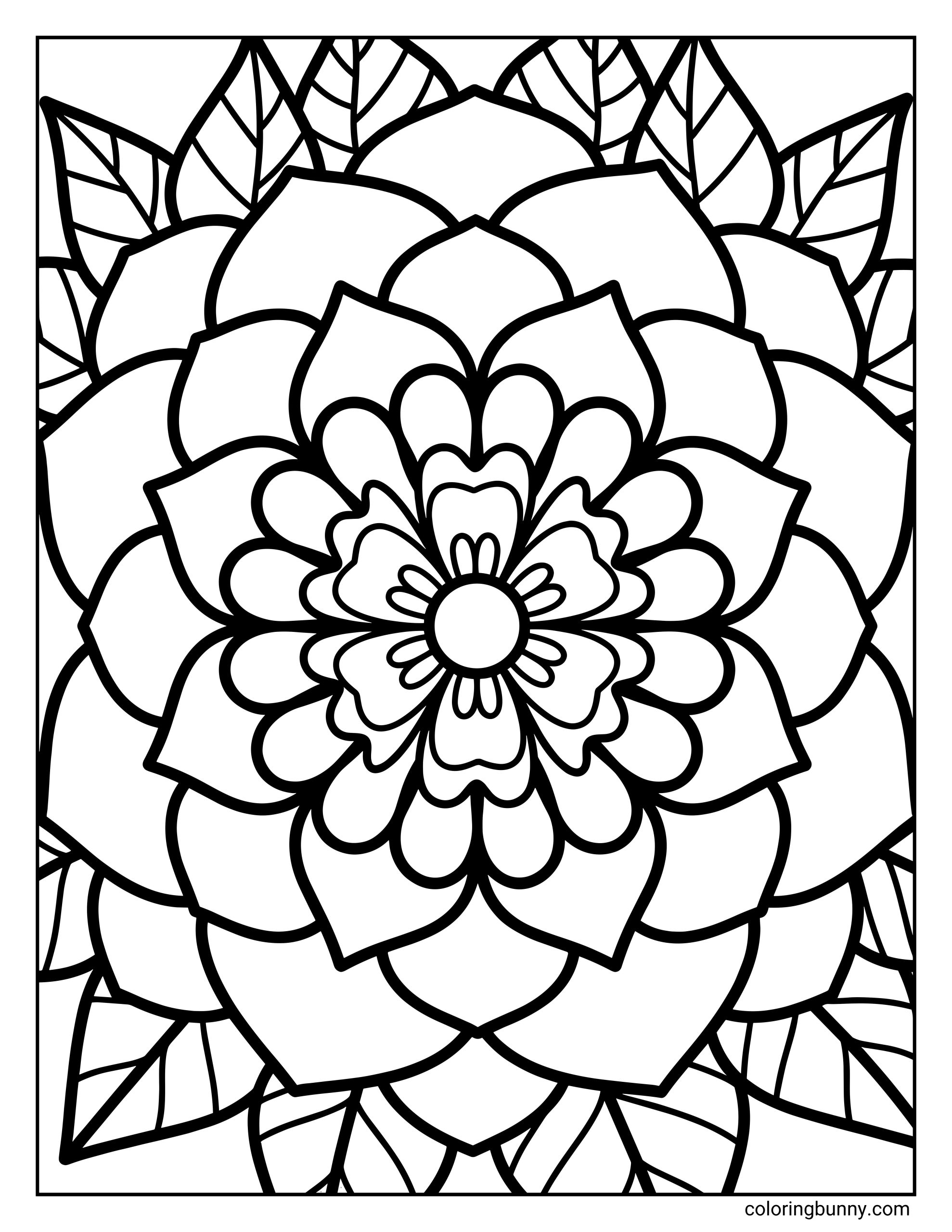 A flower mandala coloring page featuring a symmetrical floral pattern with layered petals and leaf shapes arranged in a circular mandala design, drawn with bold, clean lines for easy coloring.