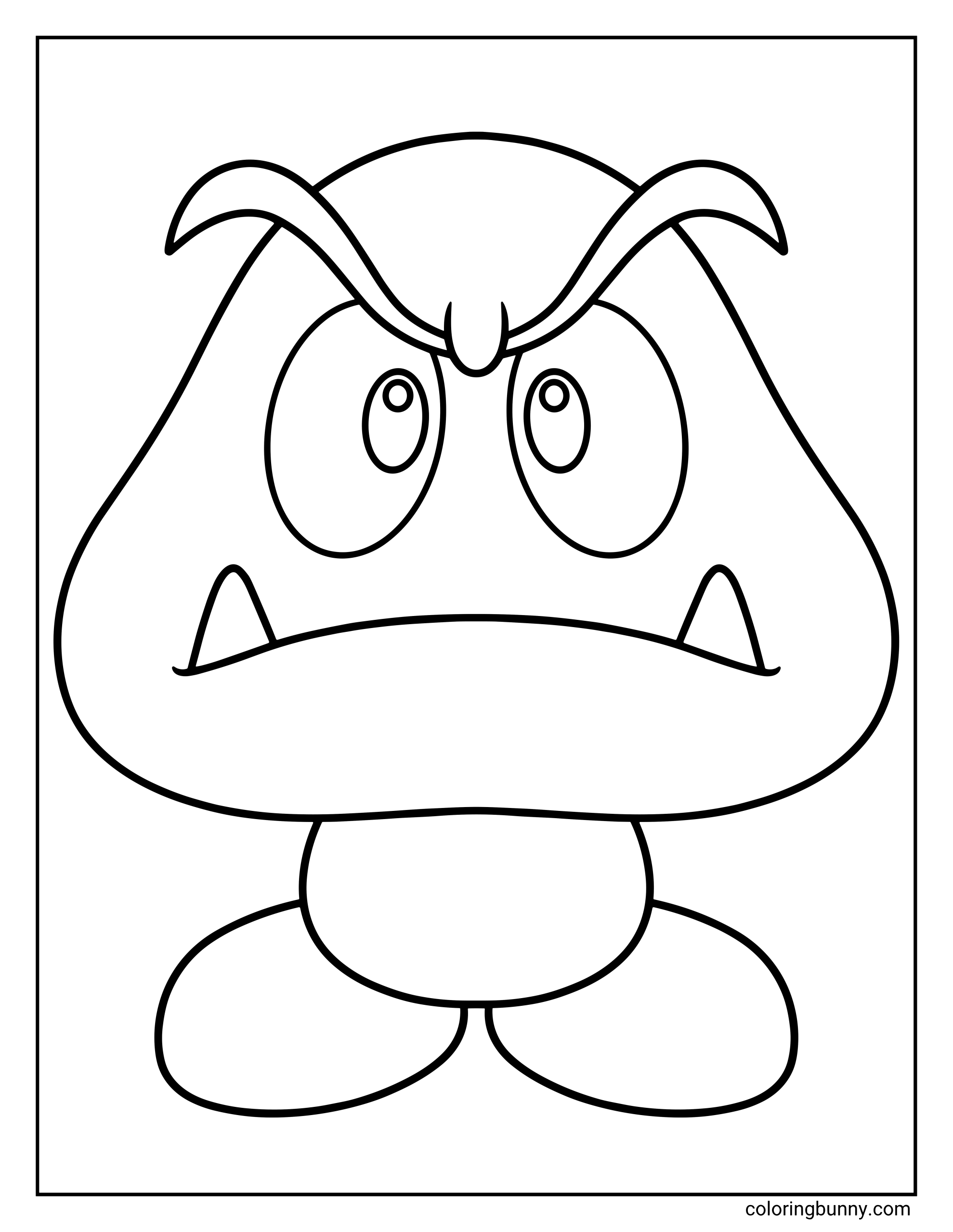 A coloring page of a classic Goomba character from the Mario series featuring a grumpy expression and large eyebrows. The illustration uses thick, simple outlines and large open shapes designed for easy coloring.