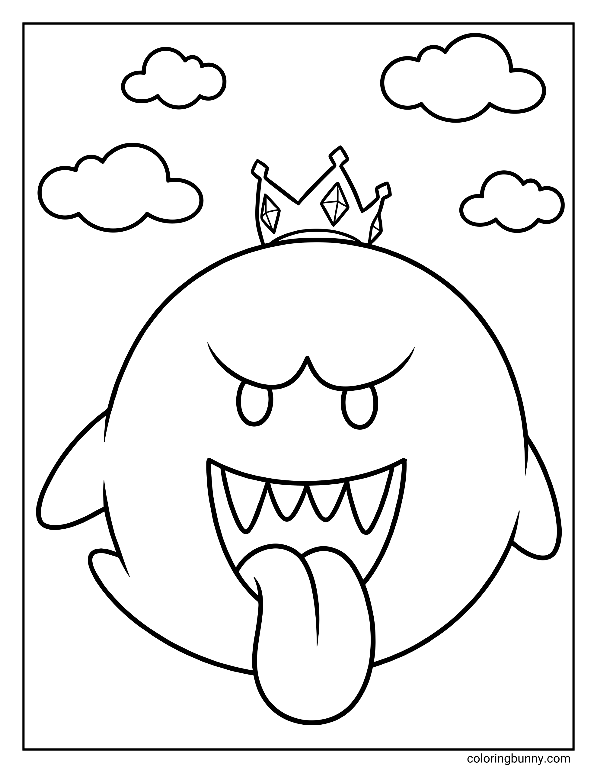 A King Boo coloring page from the Mario universe featuring King Boo floating front and center with a mischievous grin and tongue sticking out. He wears his signature crown perched on top of his round ghostly body, while small clouds drift in the background. The bold, clean outlines and simple composition make this an easy and fun page to color.