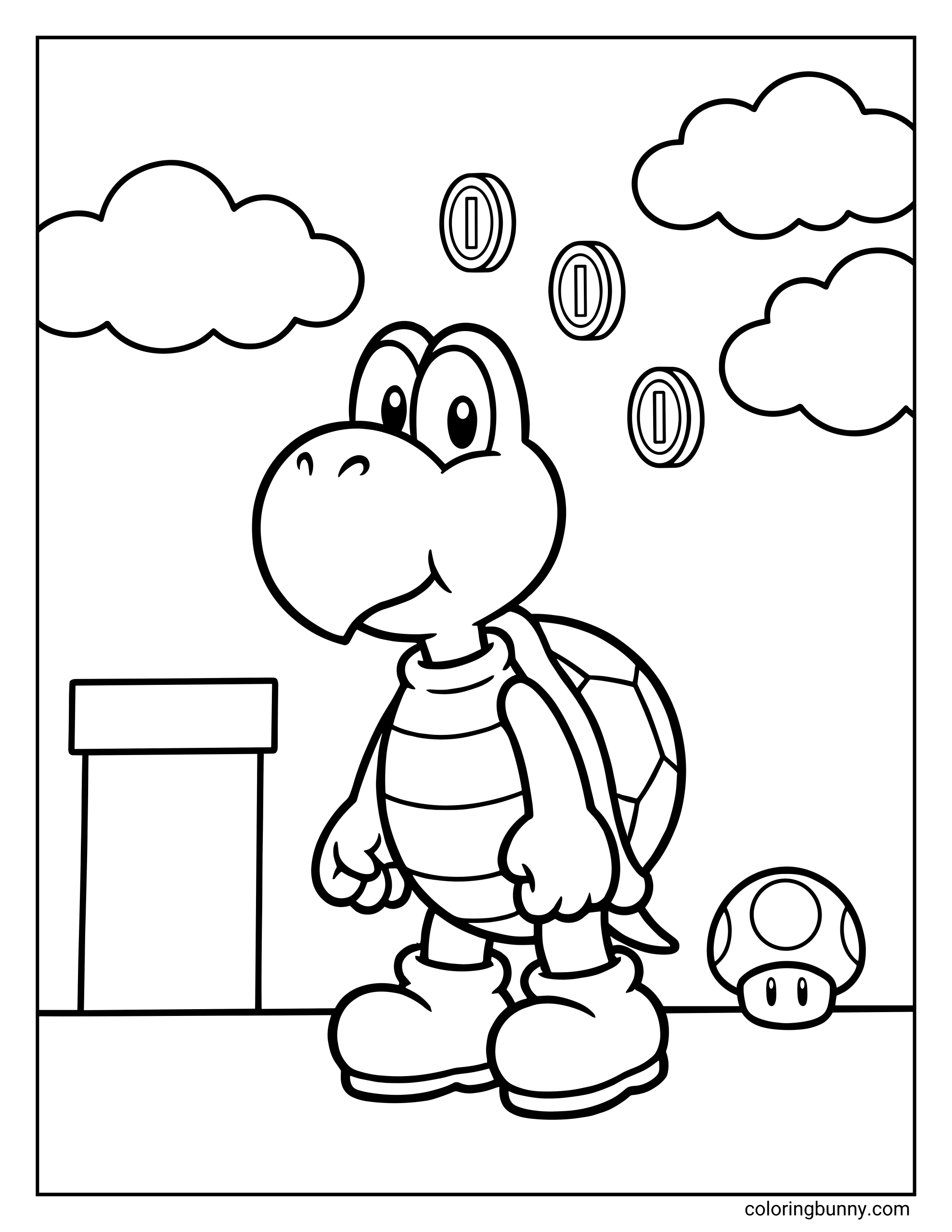 A Koopa Troopa coloring page from the Mario universe featuring Koopa Troopa standing on a simple platform scene. The Koopa has a rounded shell, big eyes, and chunky shoes, with floating coins above, fluffy clouds in the sky, a warp pipe to one side, and a mushroom power-up nearby. The design uses clean, bold outlines and a simple layout that makes it easy to color.