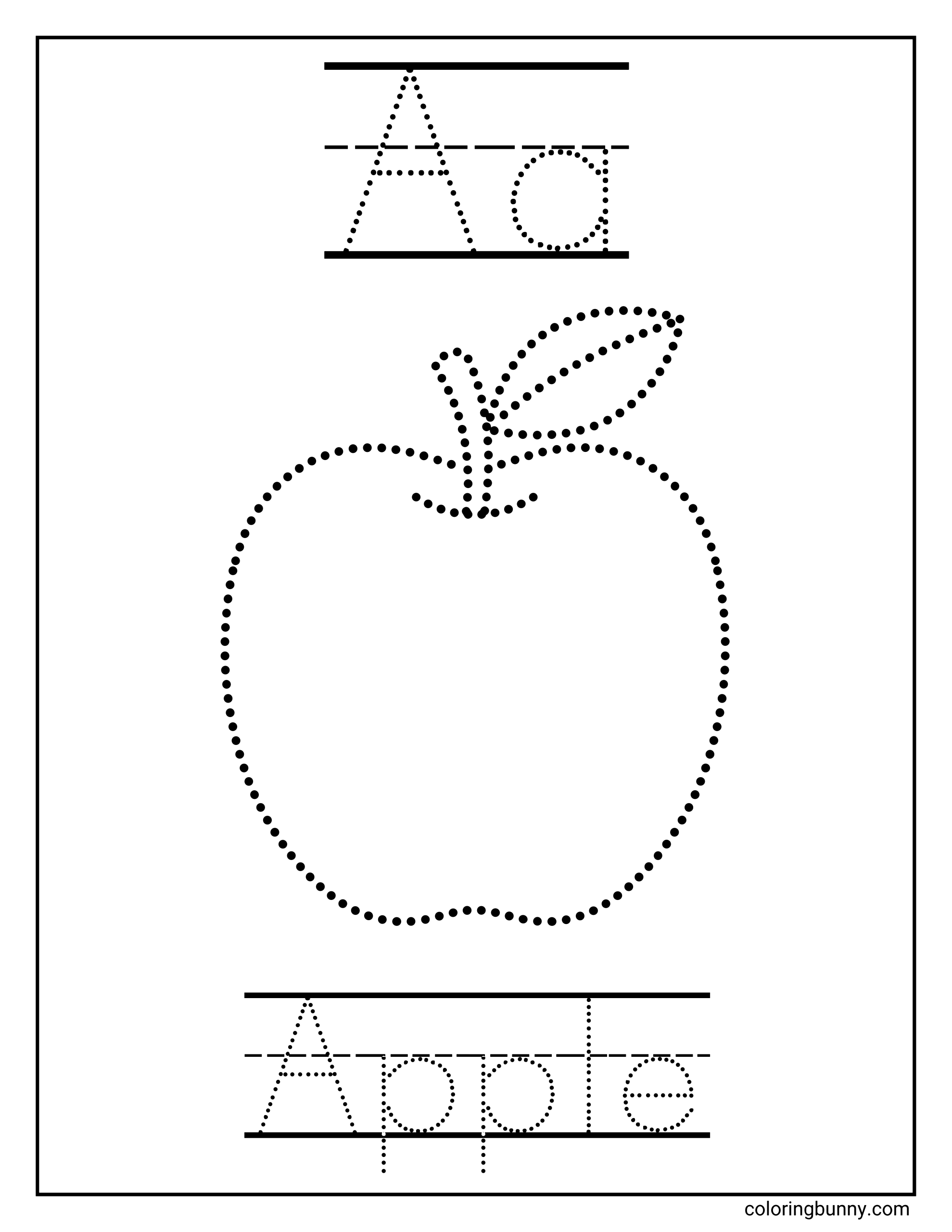 Letter A tracing coloring page worksheet featuring dotted outlines of an apple and the word “Apple,” with uppercase and lowercase A shown at the top. The page is designed for tracing practice with clean, simple lines.
