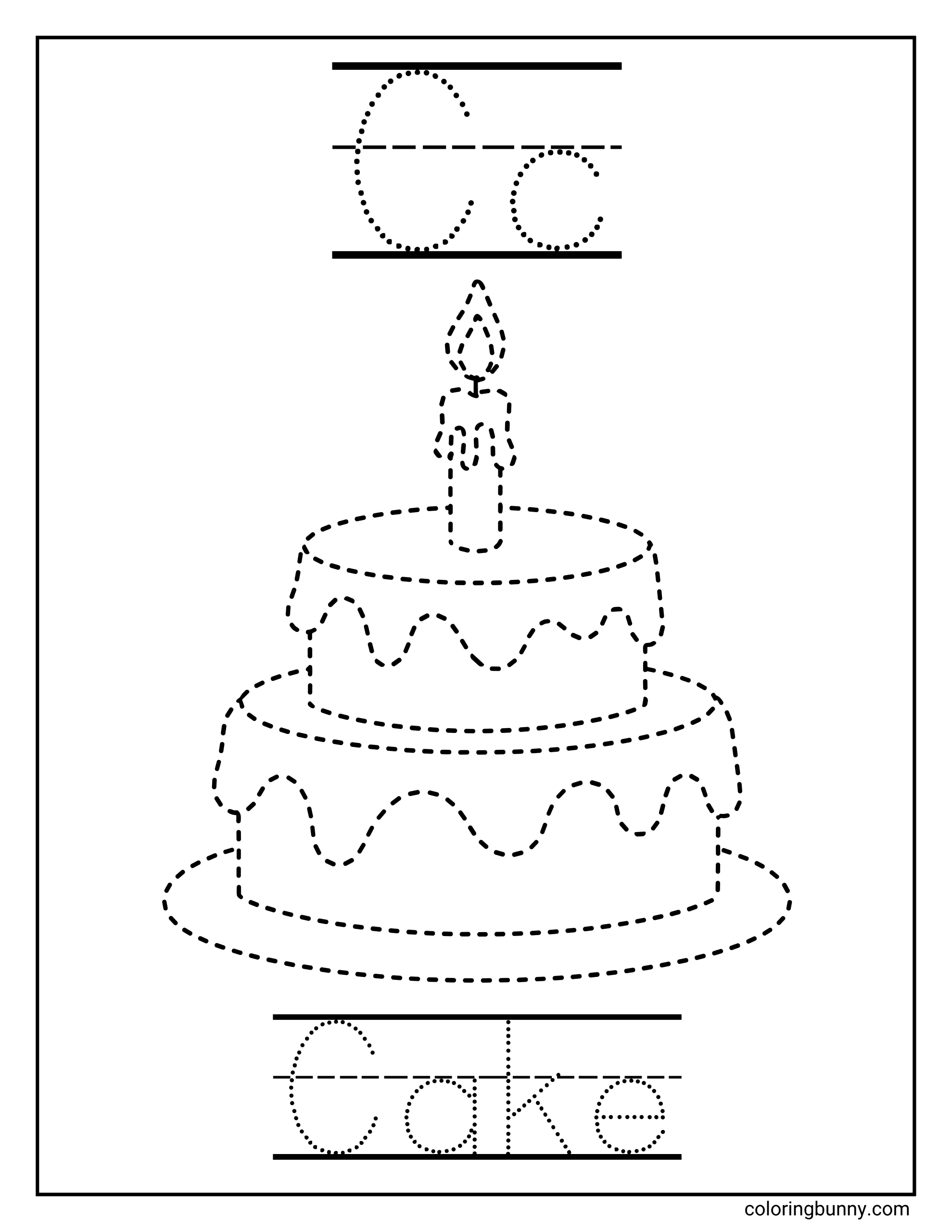 A Letter C tracing coloring page worksheet featuring a dotted outline of a layered birthday cake topped with a candle. Above the illustration, dotted uppercase and lowercase C letters appear for tracing, with the word “Cake” shown at the bottom in dotted lines to support early letter recognition and handwriting practice.