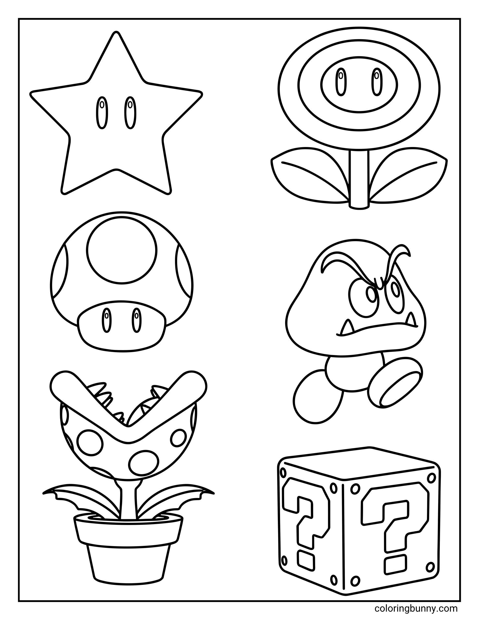 A coloring page featuring six iconic Super Mario items and enemies arranged in two columns. The collection includes a Super Star, a Fire Flower, a Super Mushroom, a grumpy Goomba, a toothy Piranha Plant in a pot, and a classic Question Mark Block.
