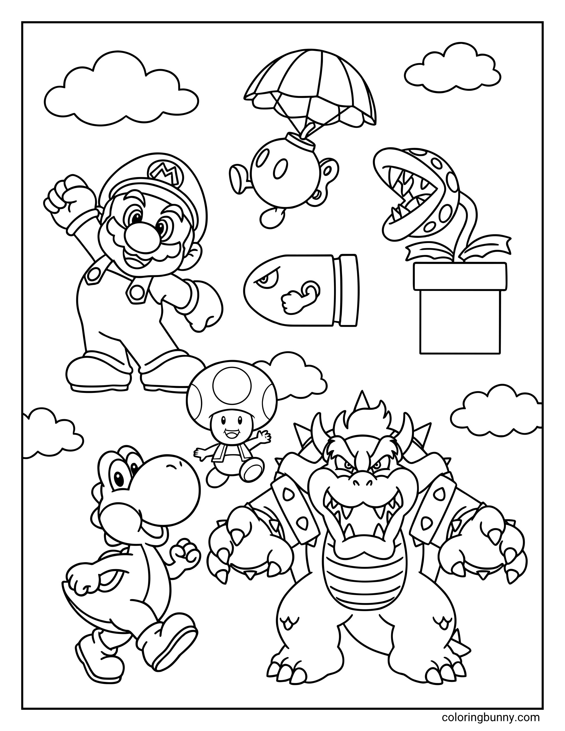 A coloring page featuring a group of Super Mario characters and enemies scattered across a sky filled with soft clouds. Mario, Yoshi, Toad, and a giant Bowser stand on the ground, while a Bob-omb floats by parachute above a Bullet Bill and a Piranha Plant in a pipe.
