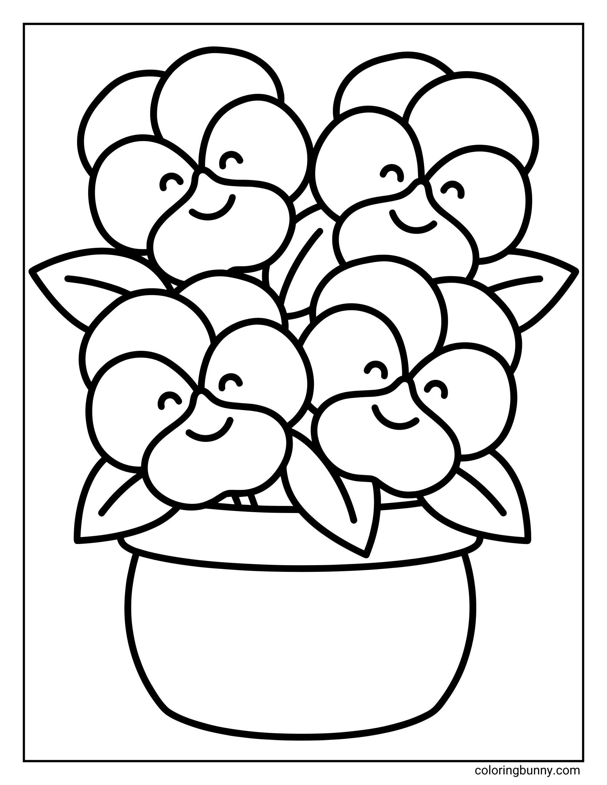 A simple pansy flower coloring page featuring a small pot filled with smiling pansy flowers, rounded petals, and bold, easy-to-color outlines.