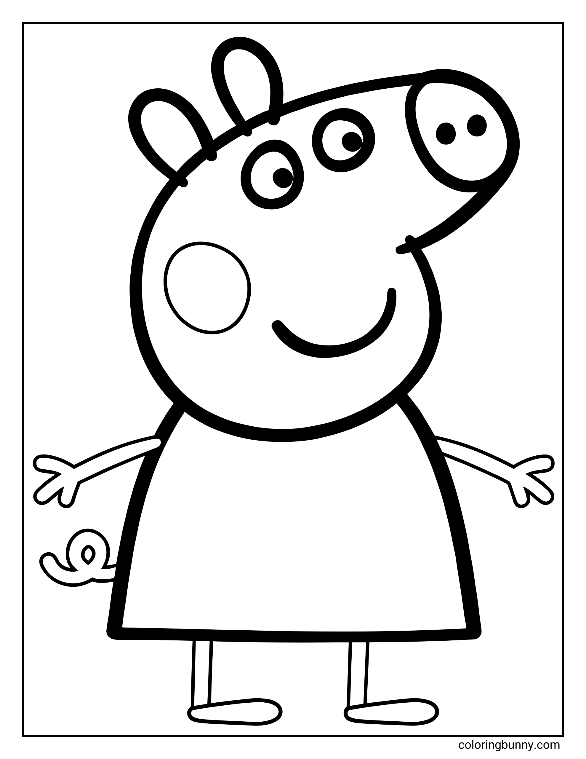 A simple Peppa Pig coloring page showing Peppa Pig standing and smiling with her arms out, wearing her dress.