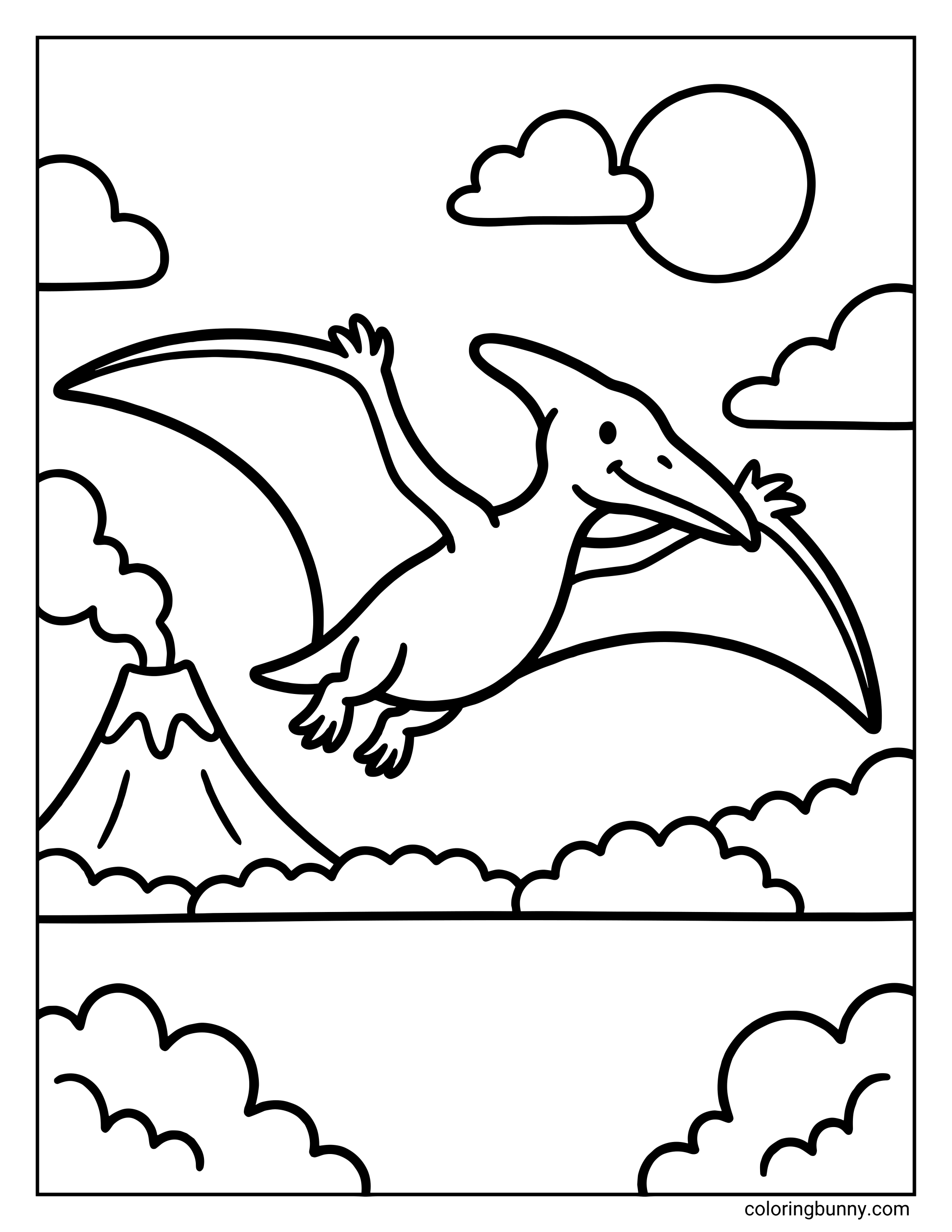 A simple pterodactyl dinosaur coloring page showing a smiling pterodactyl flying through the sky above clouds, with the sun and a smoking volcano in the background.