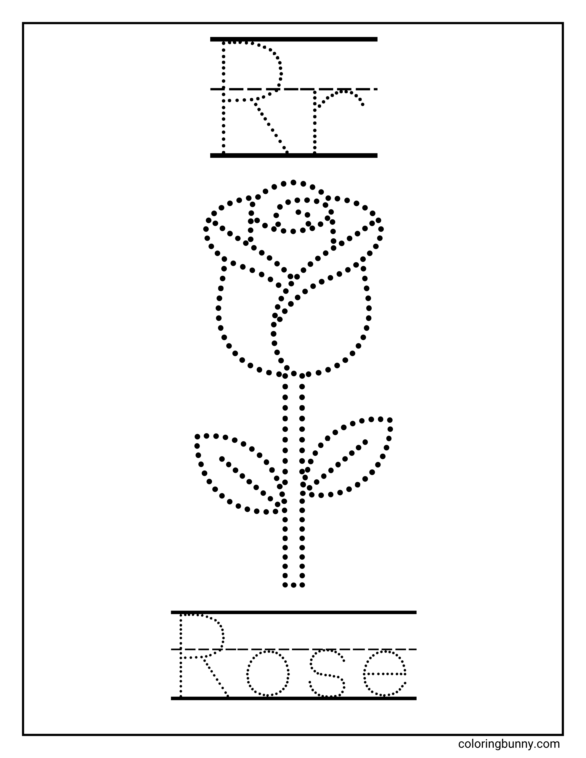 A rose flower tracing worksheet coloring page showing the uppercase and lowercase letter Rr, the word “Rose” in dotted tracing letters, handwriting guide lines, and a simple rose flower illustration made from dotted outlines for kids to trace and color.