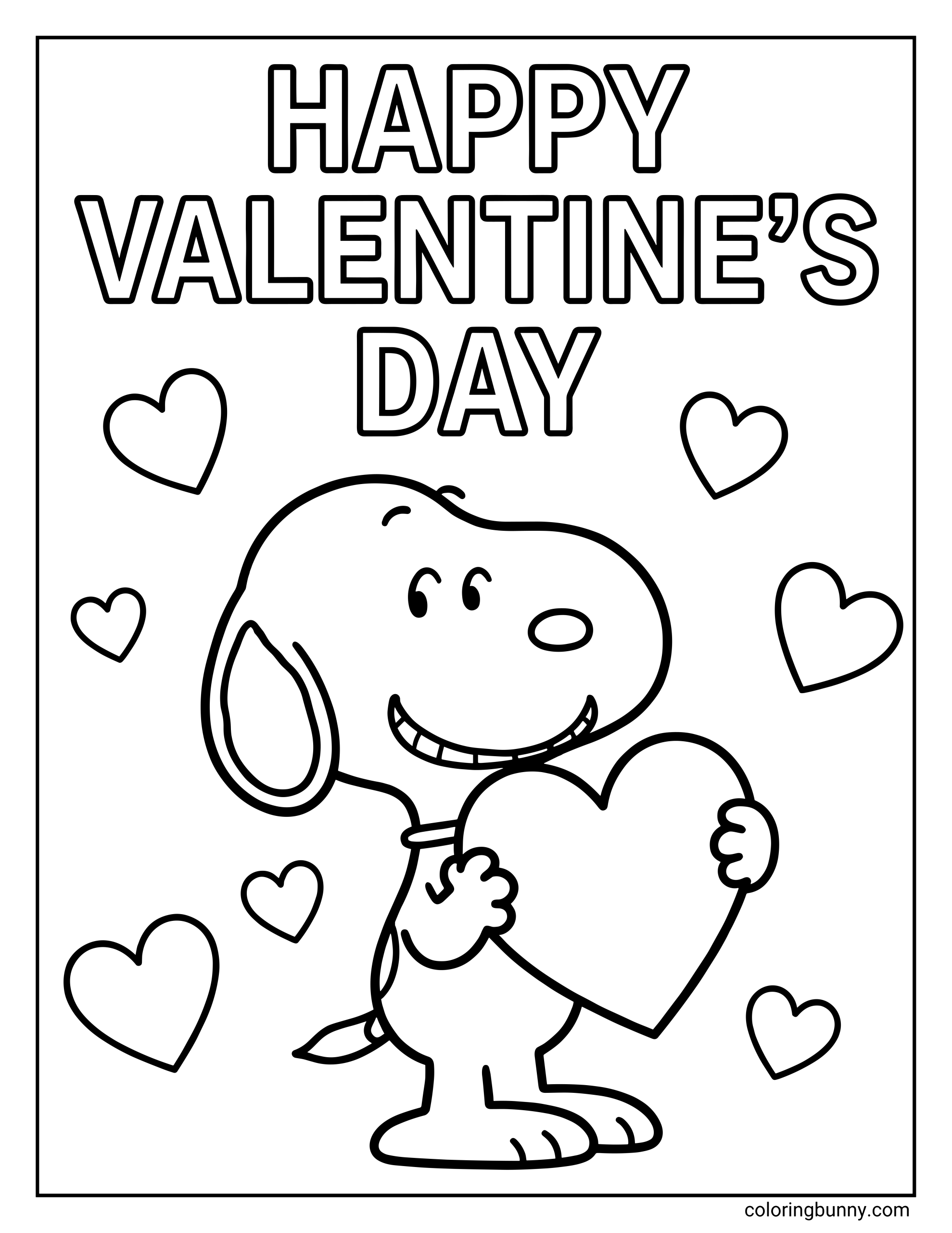 A Valentine’s Day coloring page of Snoopy standing upright, smiling while holding a large heart, with multiple heart shapes around him and the words “Happy Valentine’s Day” printed above in bold outlined letters.