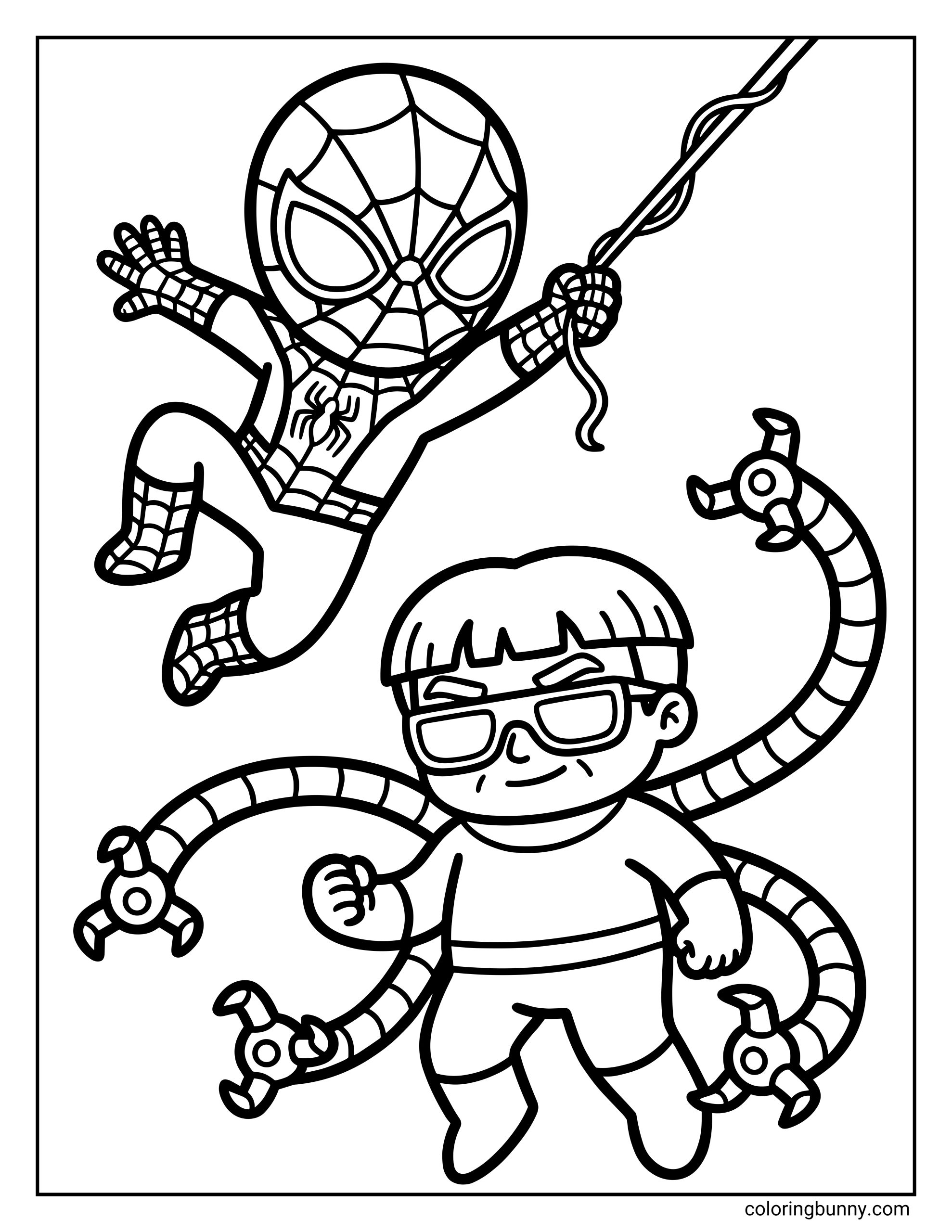 A coloring page of a cute chibi Spider-Man swinging on a web line away from a chibi Doctor Octopus with four mechanical tentacles.