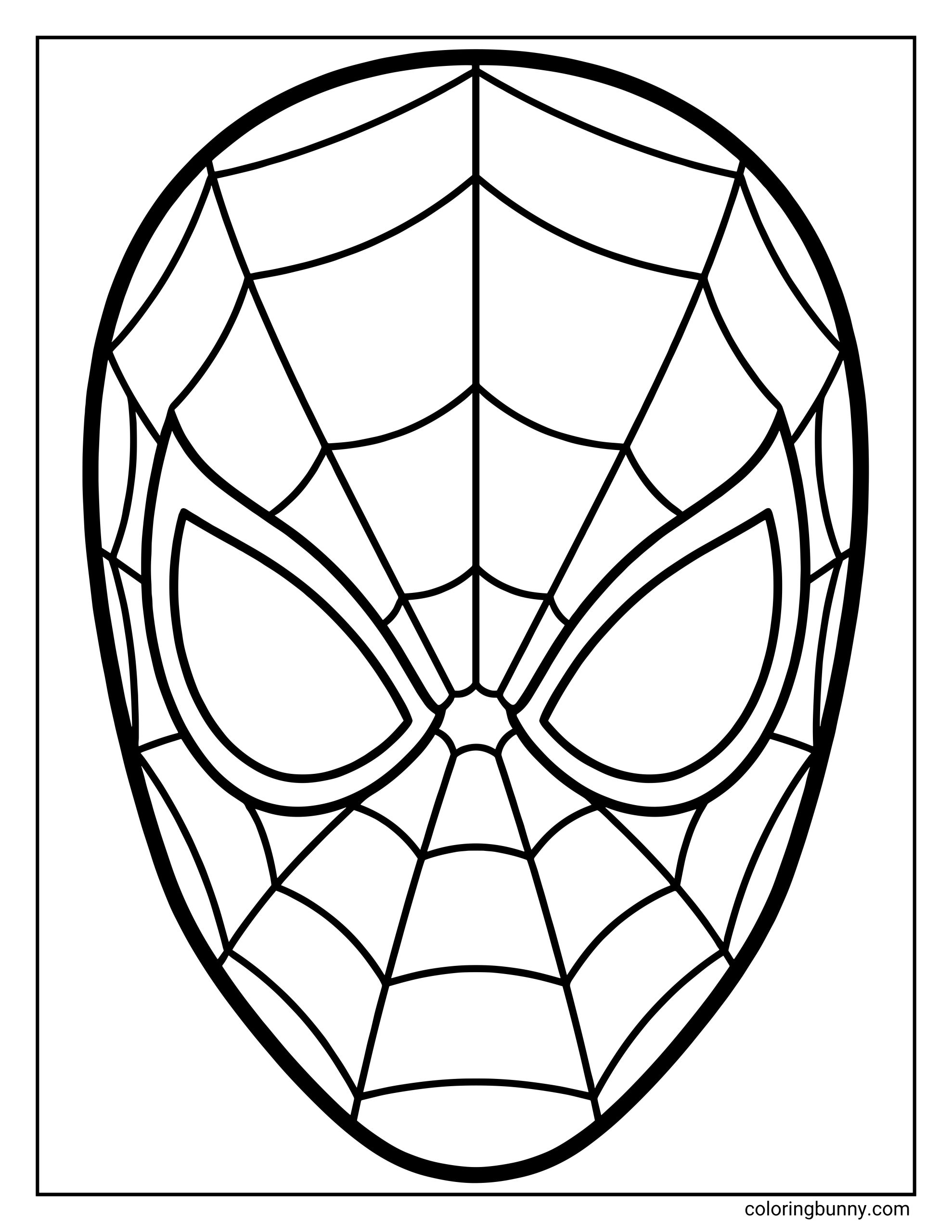 A coloring page of a simple, full-face view of Spider-Man's mask with large eye lenses and web patterns.