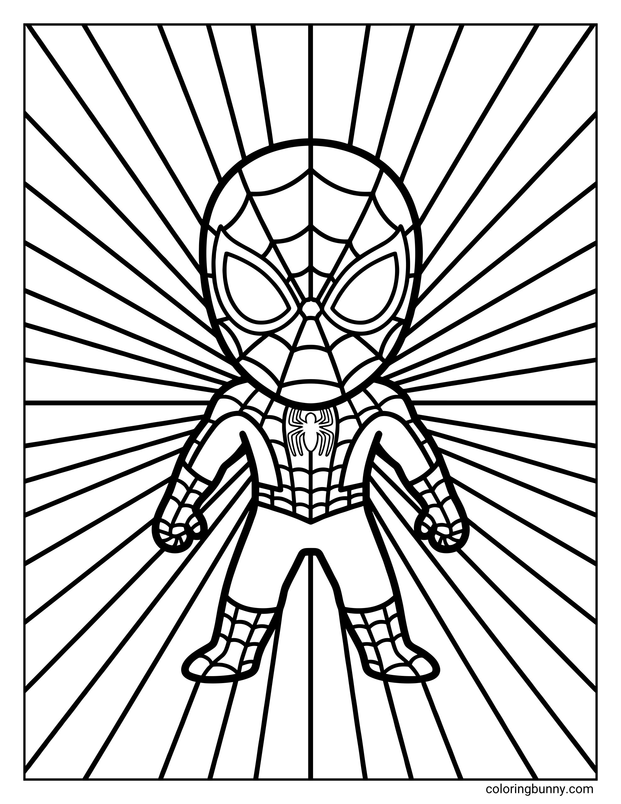 A coloring page of a small, stylized Spider-Man standing with fists clenched in front of a background of radiating lines.