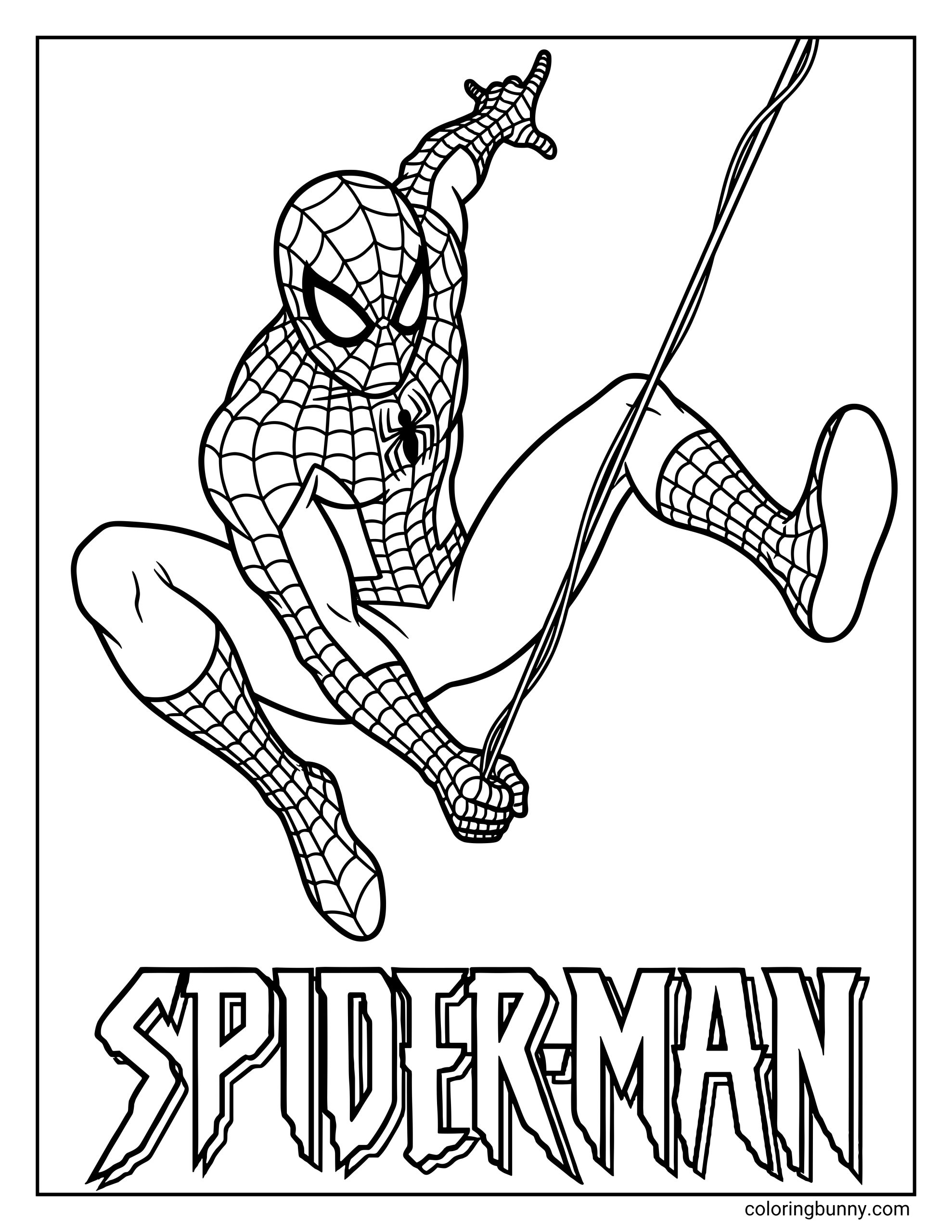 A coloring page of Spider-Man swinging through the air above the iconic Spider-Man text logo.