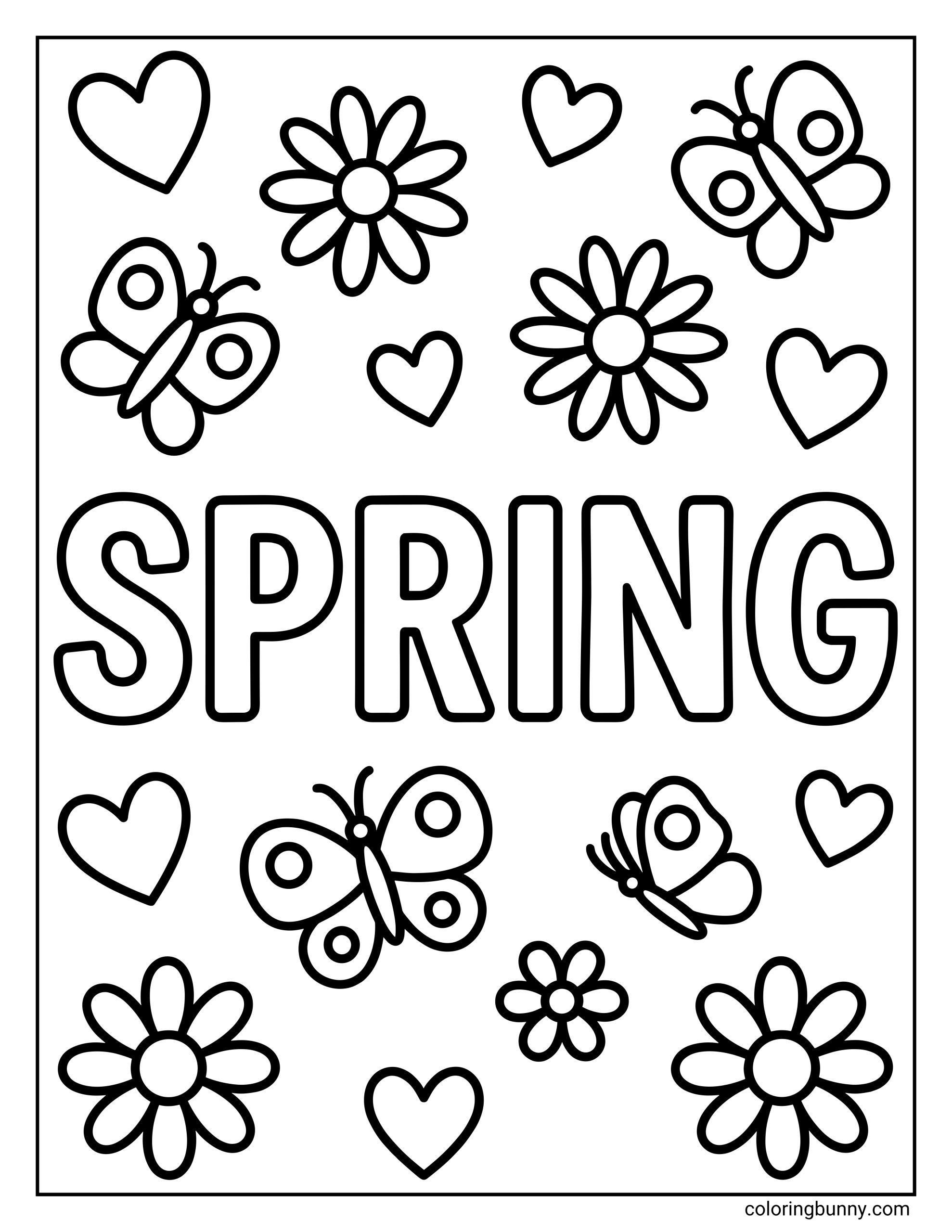 A simple Spring coloring page featuring the text "SPRING" surrounded by floating hearts, blooming daisies, and fluttering butterflies.