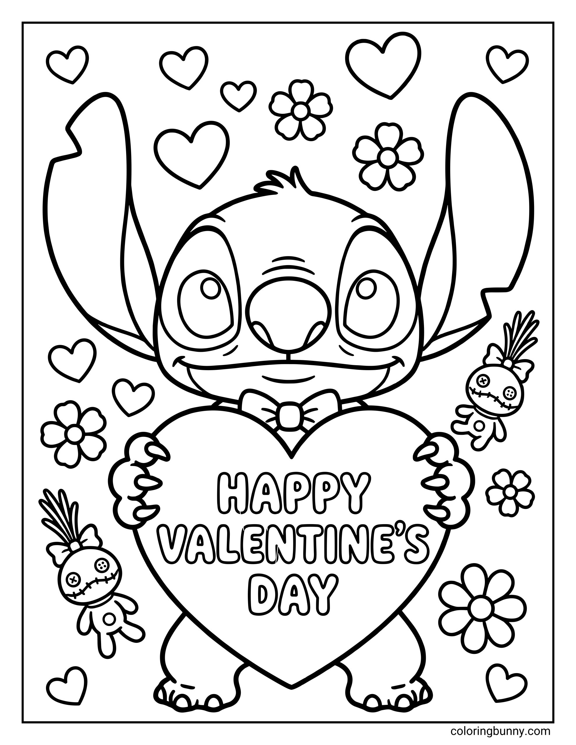 A simple coloring page of Stitch holding a big Happy Valentine’s Day heart, surrounded by hearts, flowers, and small playful characters.