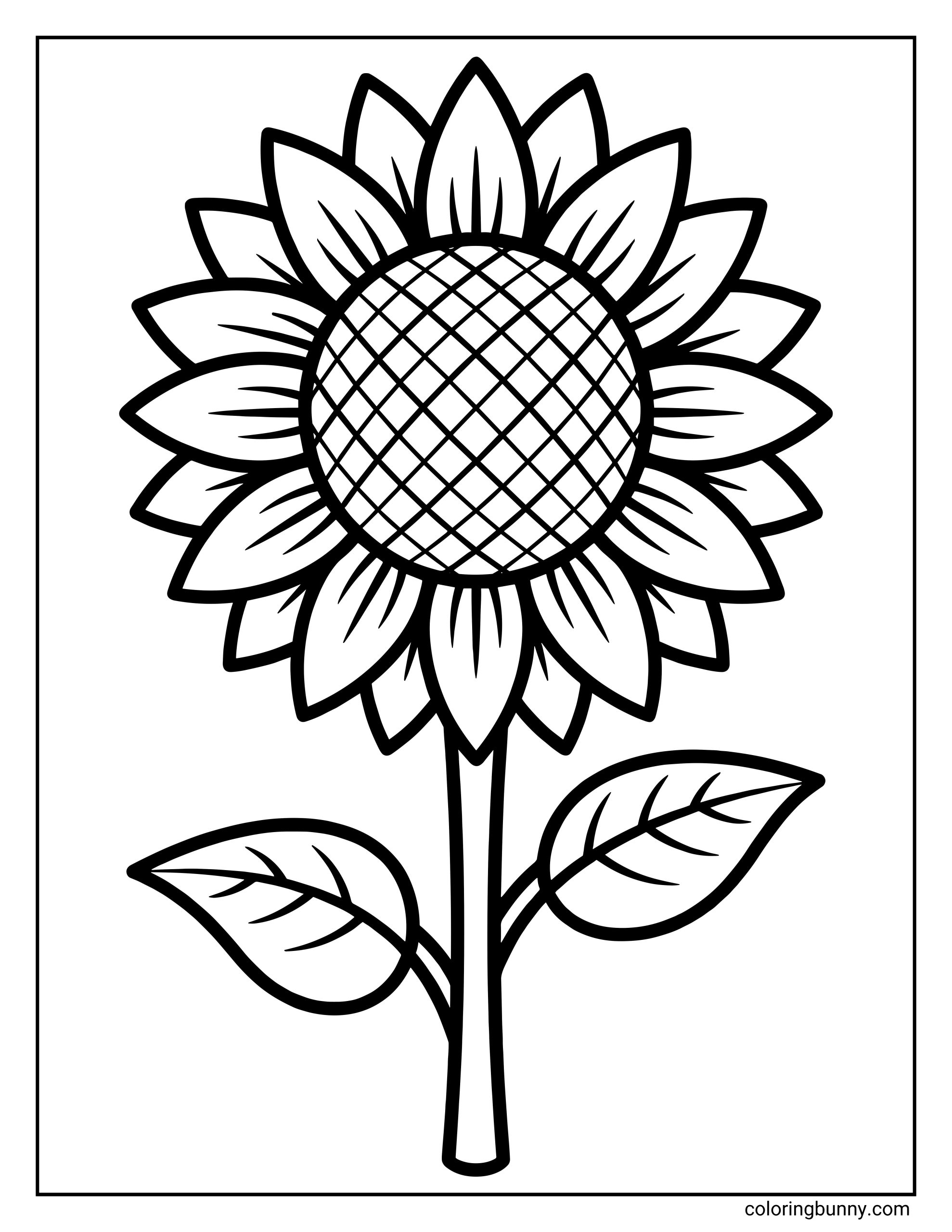 A simple sunflower coloring page featuring a large sunflower with layered petals, a patterned center, bold outlines, and two leaves on a single stem.