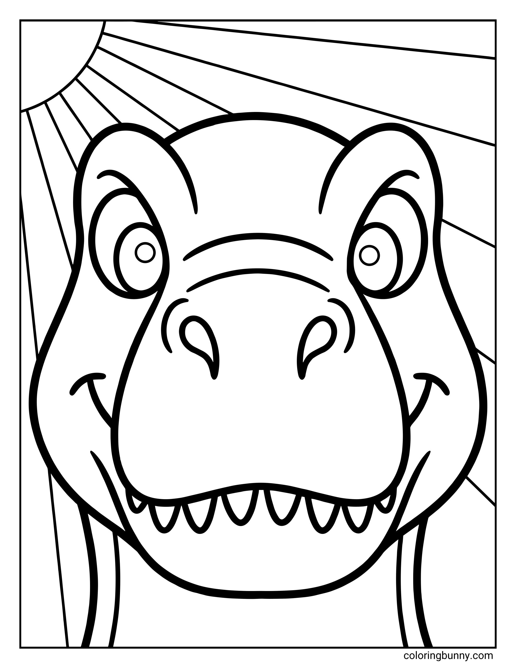A simple T-Rex dinosaur face coloring page featuring a friendly close-up of a Tyrannosaurus rex with big eyes, a wide smile, and bold outlines that are easy to color.