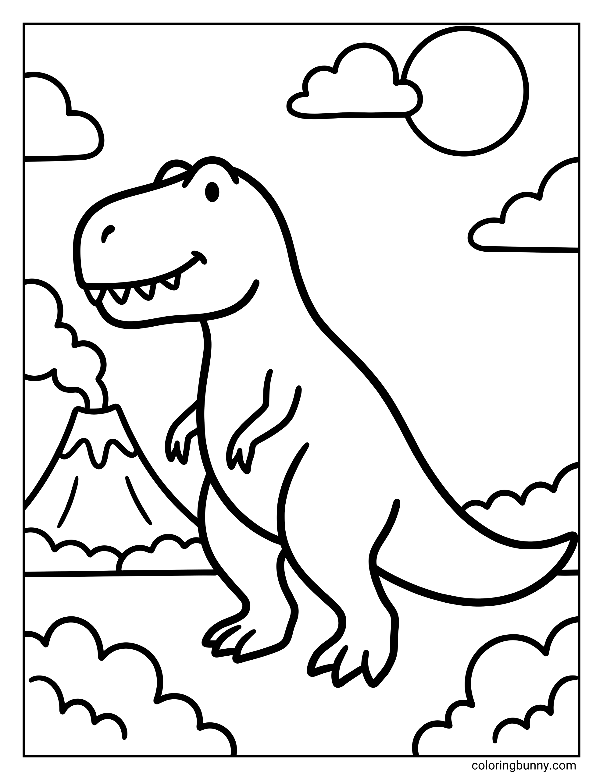 A simple T-rex dinosaur coloring page showing a smiling Tyrannosaurus rex standing in a Jurassic scene with clouds, the sun, and a smoking volcano in the background.