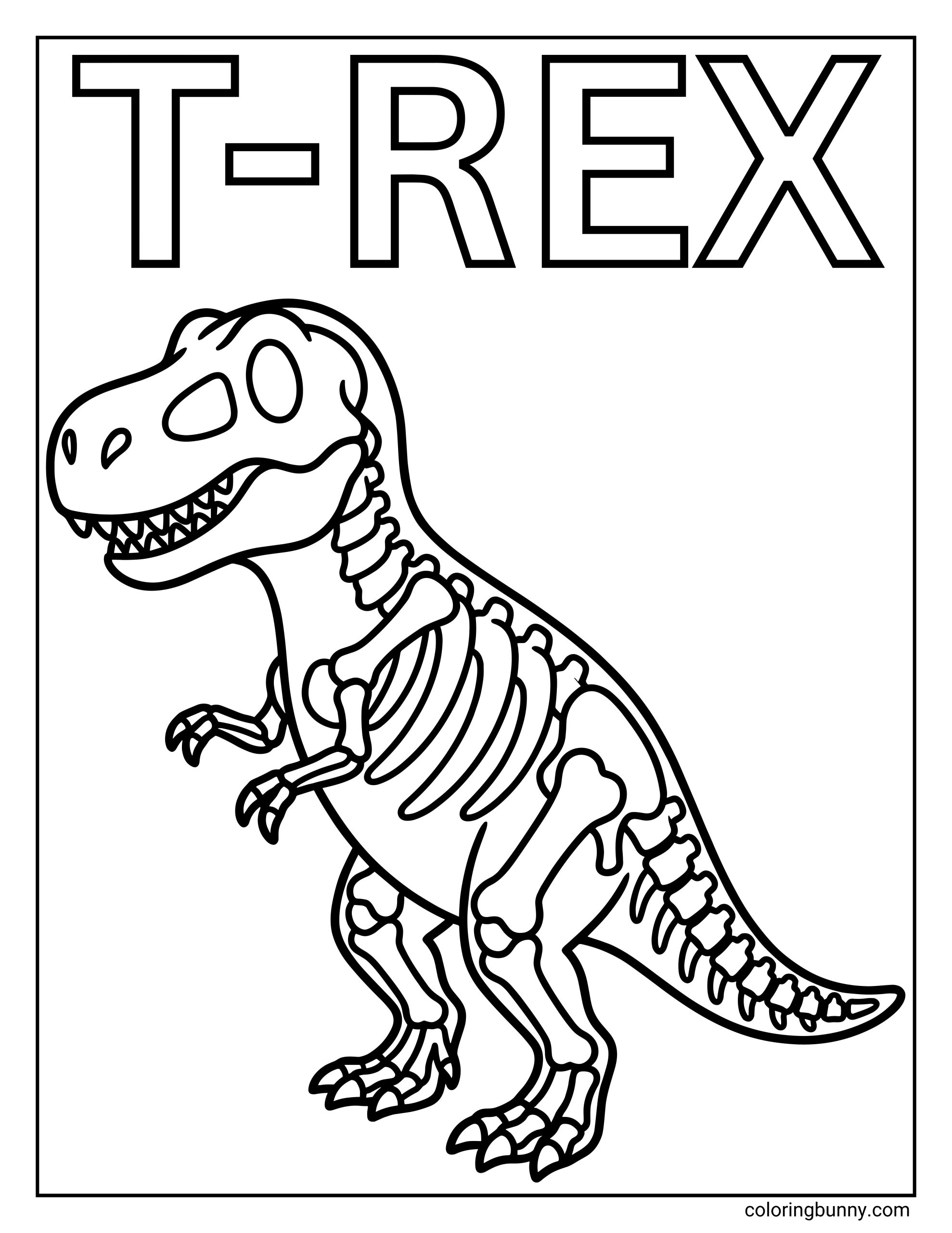 A simple educational T-Rex skeleton coloring page featuring a bold “T-REX” title and a clear dinosaur skeleton outline.