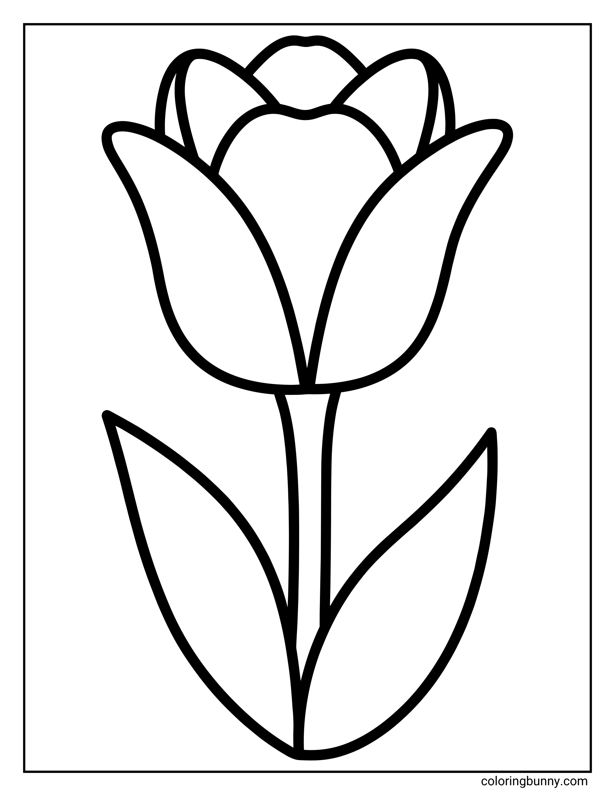 A very simple tulip flower coloring page featuring a single blooming tulip with smooth, bold outlines, two large leaves, and a minimal, kid-friendly design.