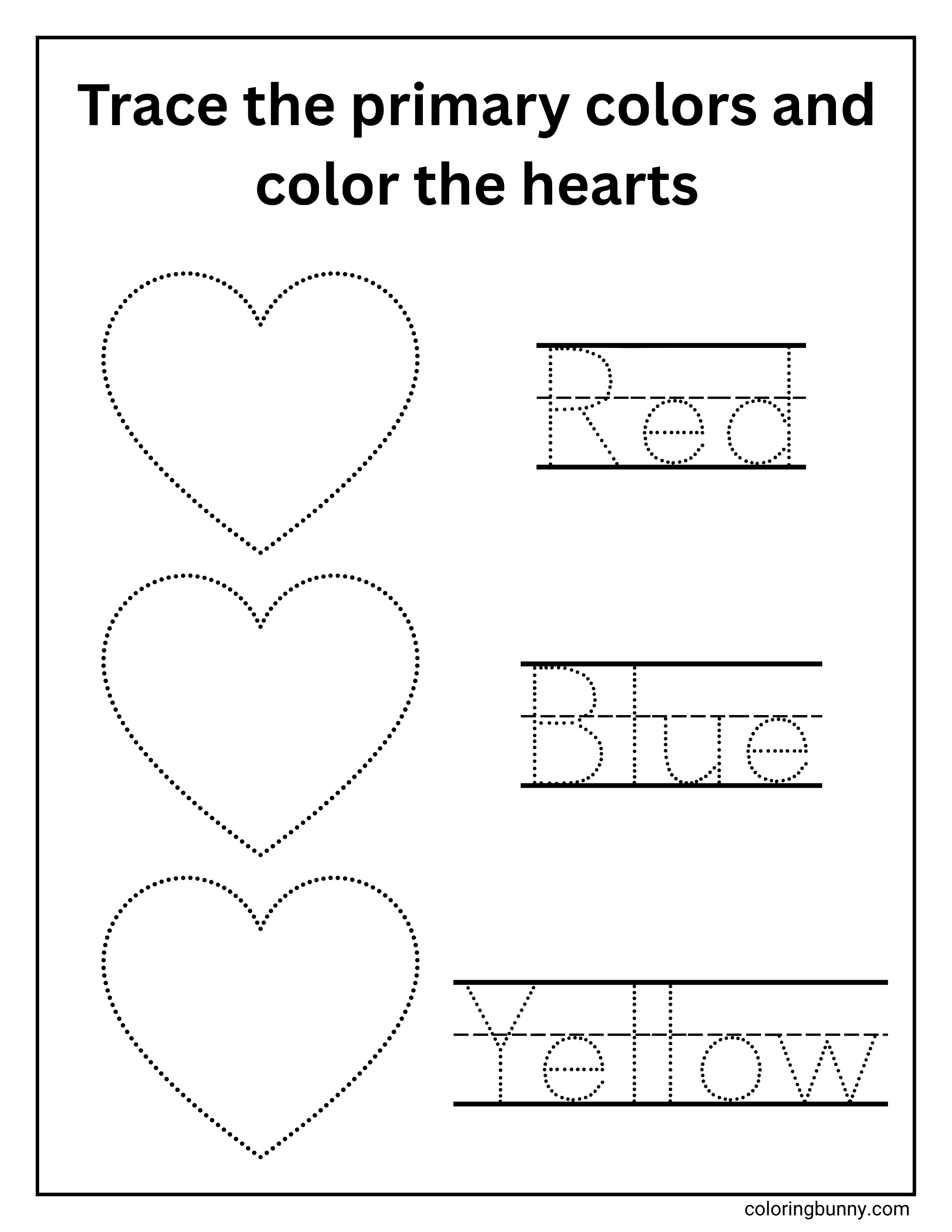 A primary colors tracing worksheet coloring page showing dotted heart shapes and the words Red, Blue, and Yellow in dotted tracing letters, with handwriting guide lines for kids to trace and color.