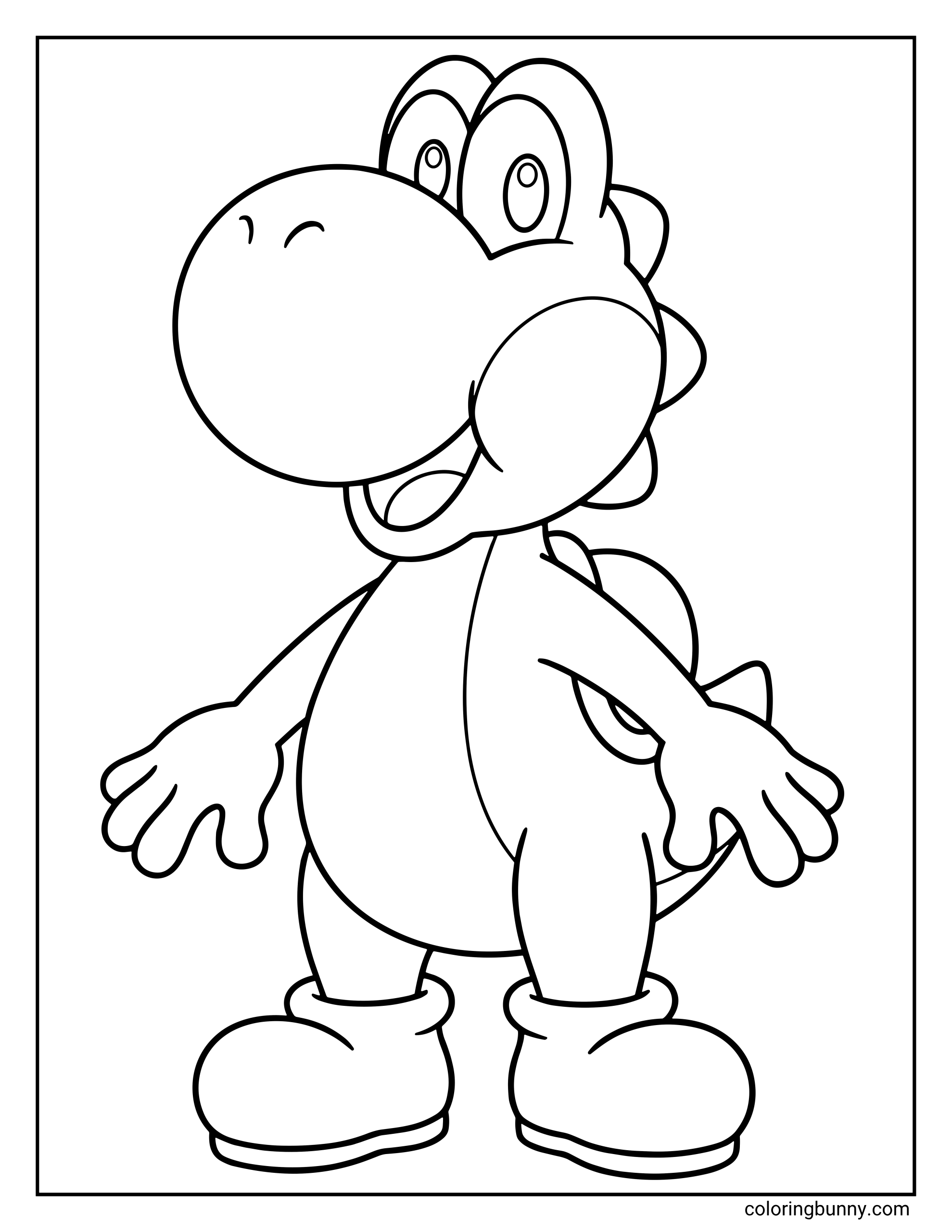 A simple Mario coloring page of a friendly Yoshi standing and looking up with a big smile. The character is shown in a full-body pose.